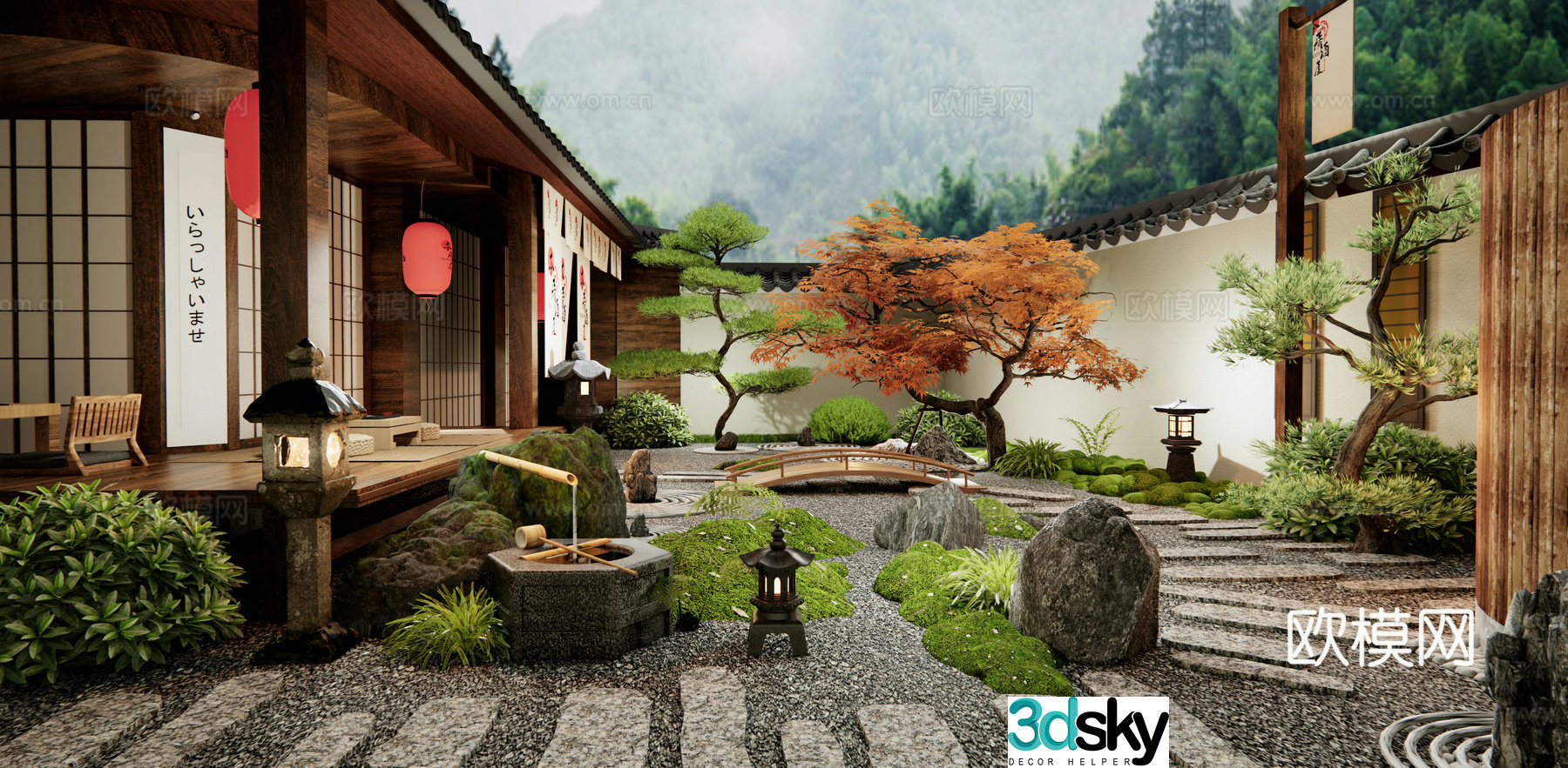 Japanese B&B courtyard landscape Zen courtyard garden Tingbu Rock landscape water bowl Stone 3D model