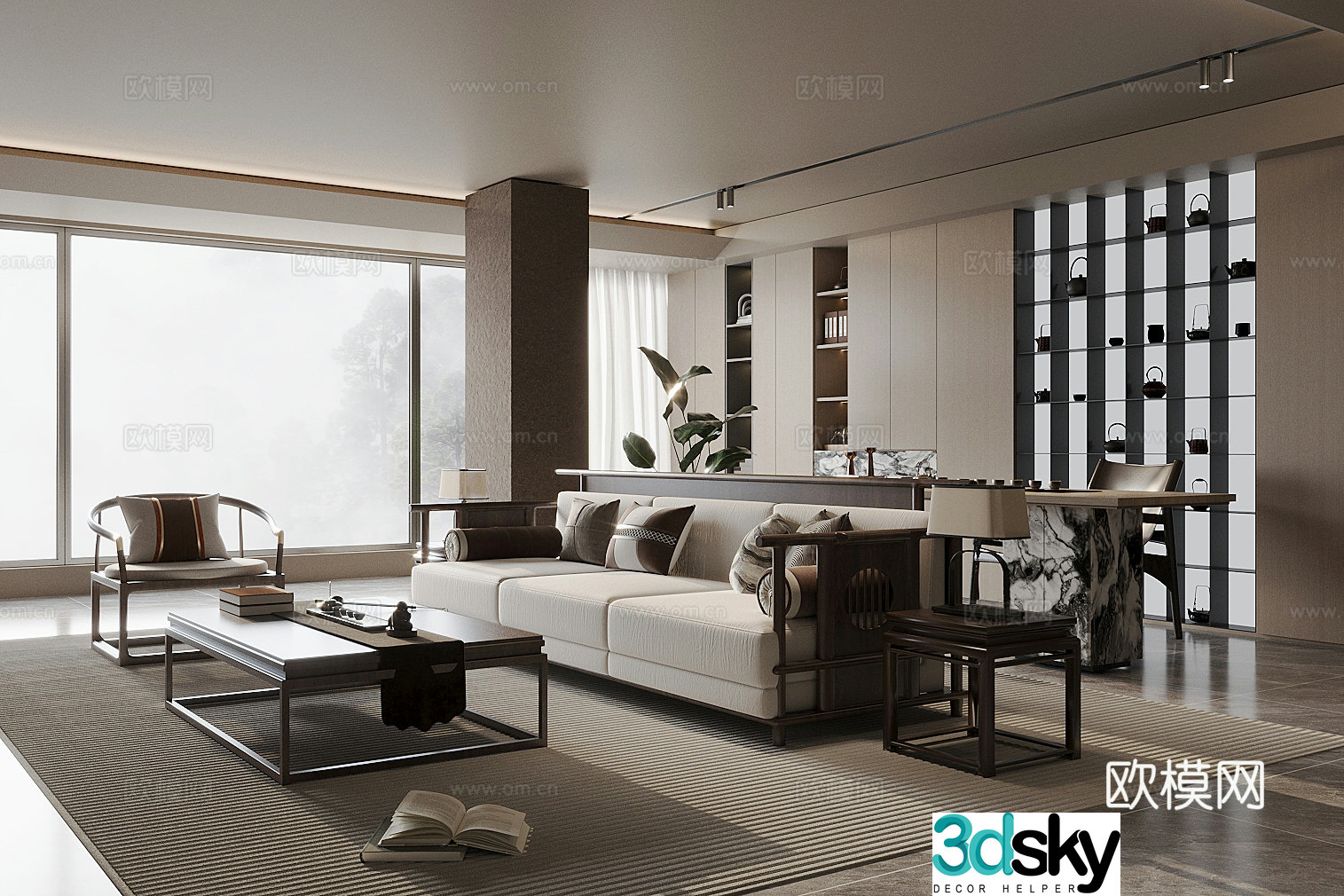 New Chinese-style home living room large living room horizontal living room sofa and coffee table combination 3D model