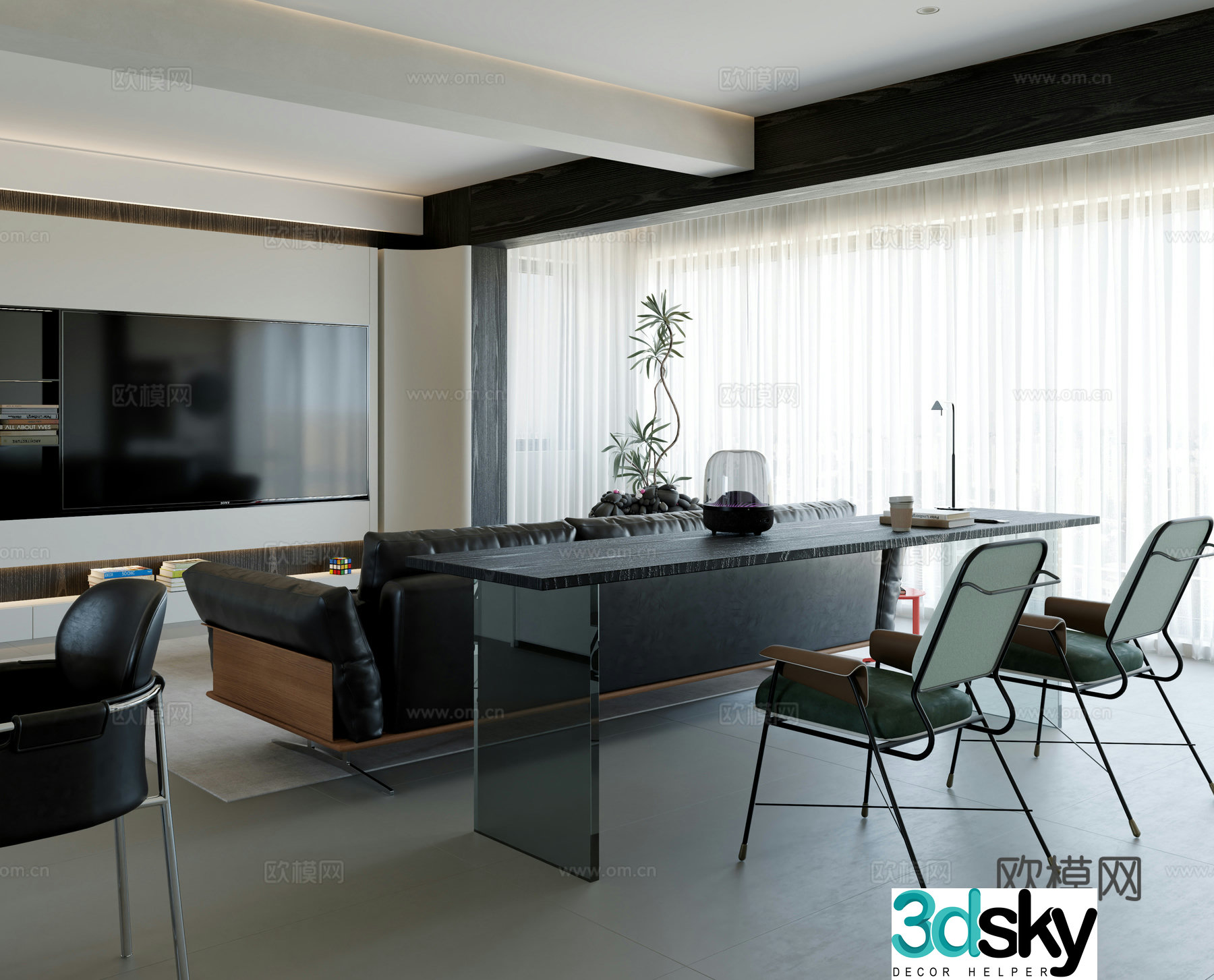 Modern black white and gray living room 3d model