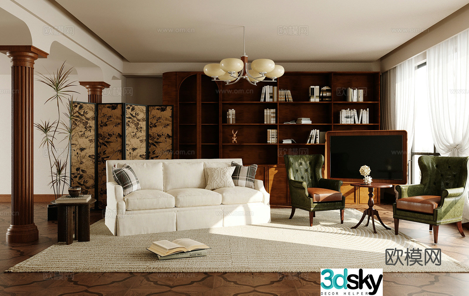 Medium-old home living room large living room solid wood bookcase sofa and coffee table combination 3D model