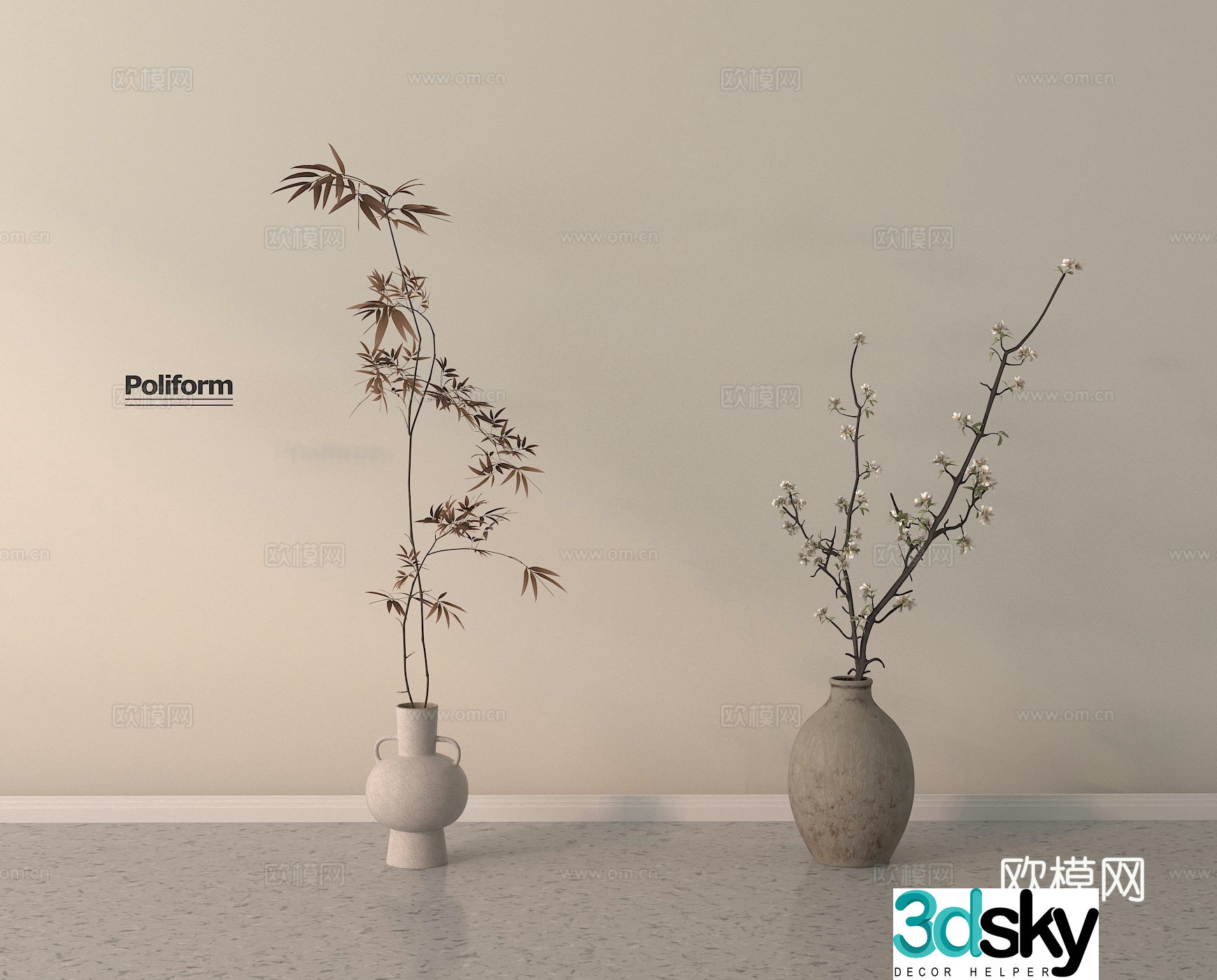Dried branches and flower art flower art vase clay jar 3d model