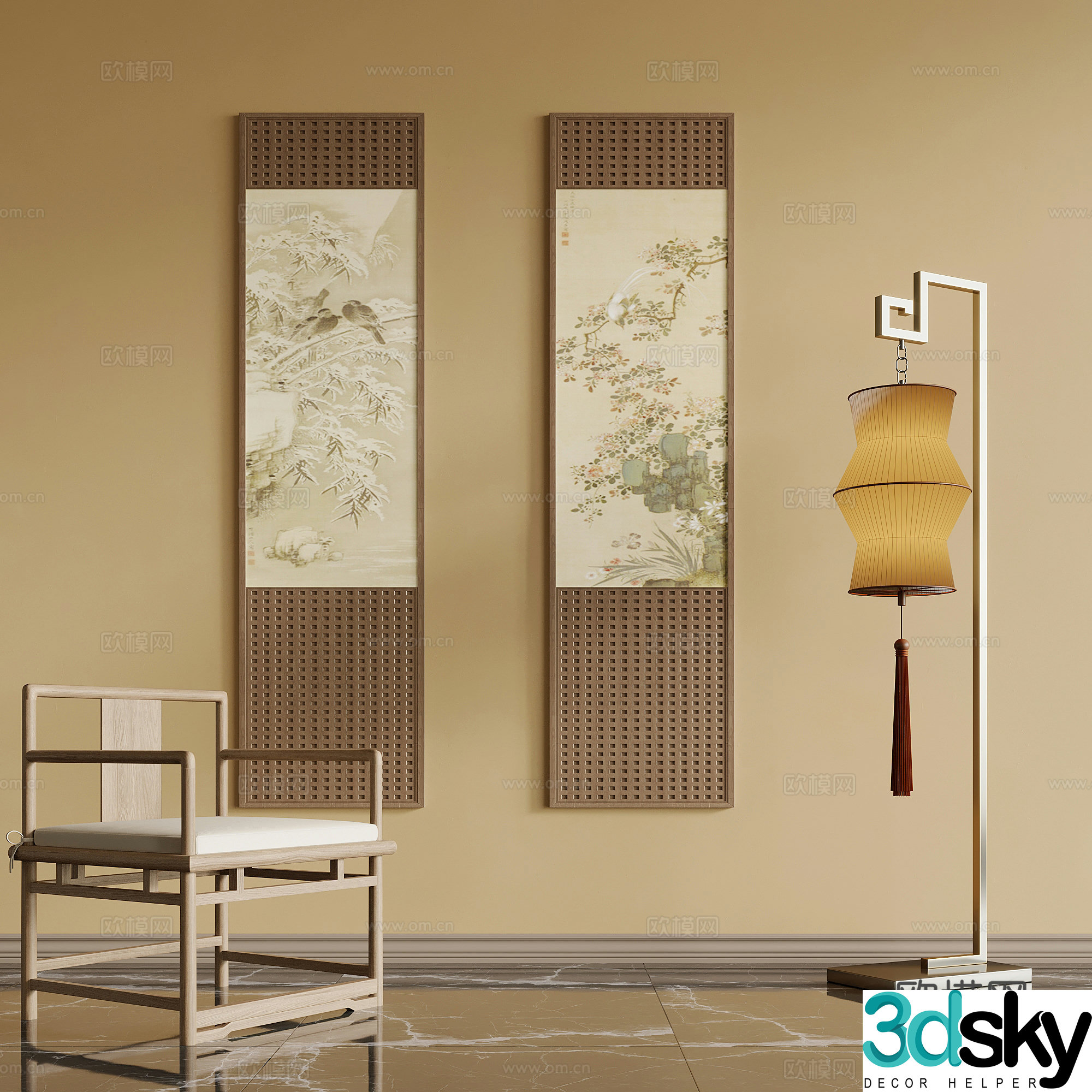 Leisure chair new Chinese style leisure chair decorative painting floor lamp 3d model