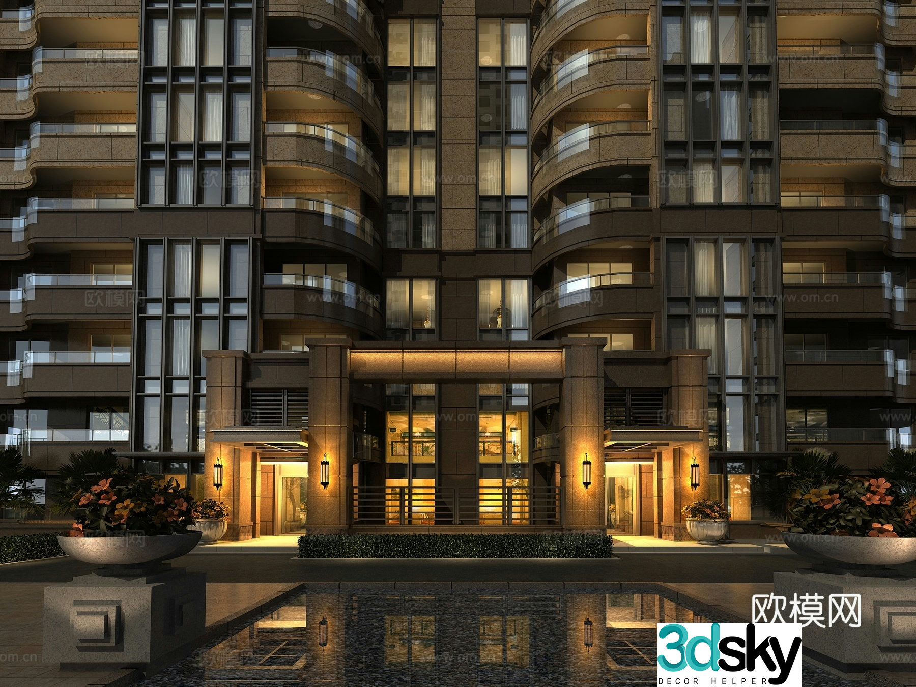 European style residence entrance door point perspective night view 3d model