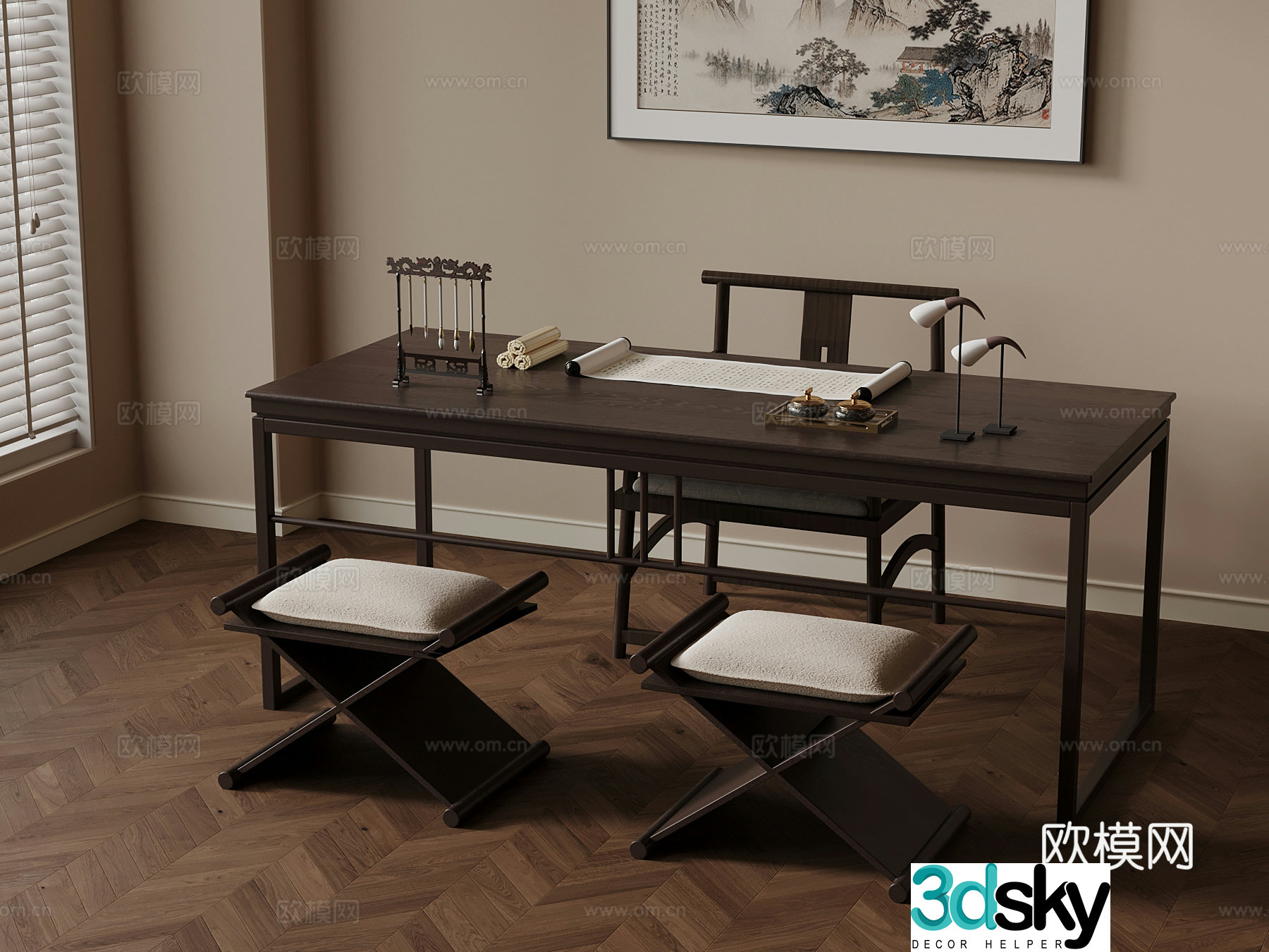 New Chinese style desk and chair single chair 3D model