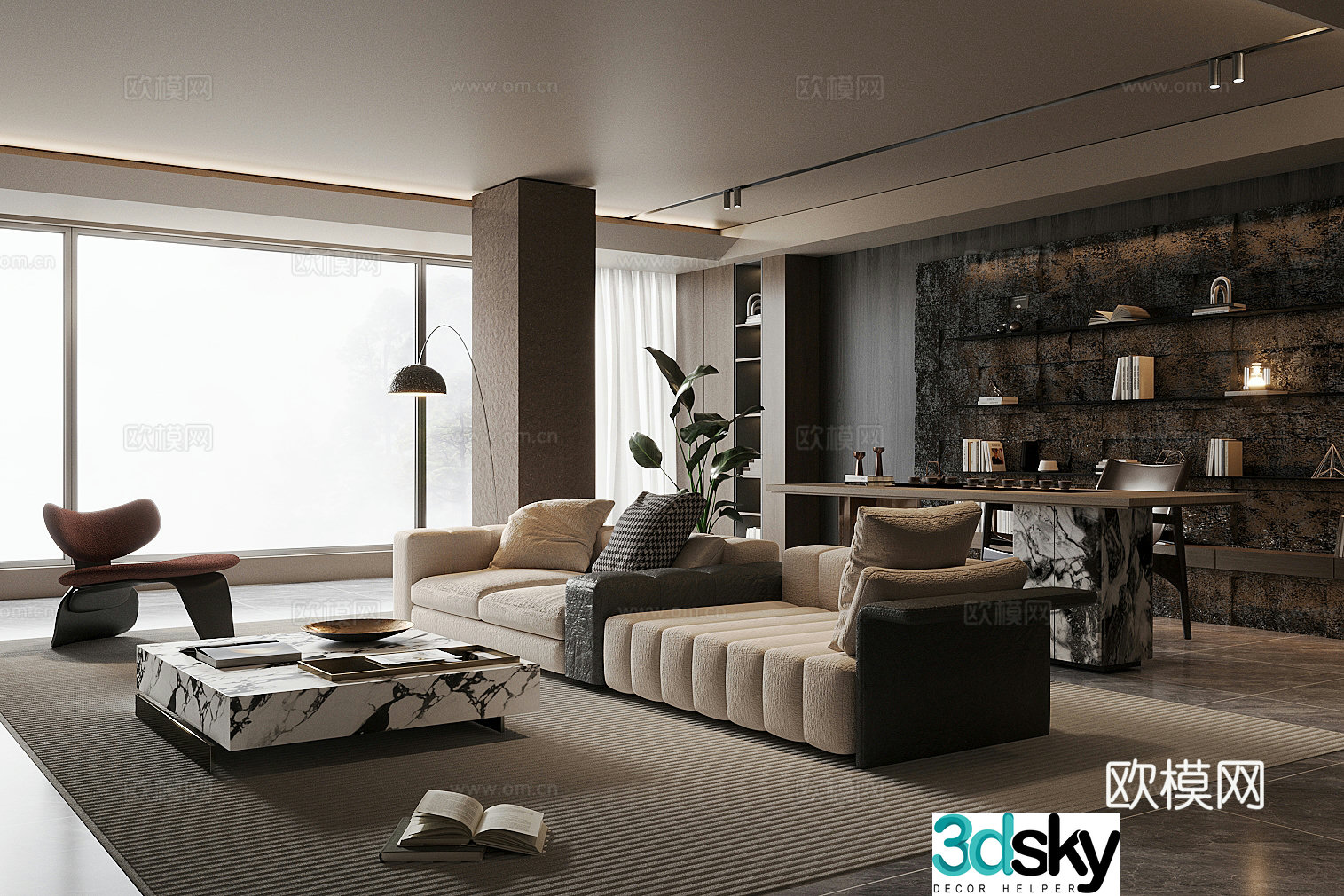 Modern light luxury living room horizontal living room large living room black and white gray living room 3D model