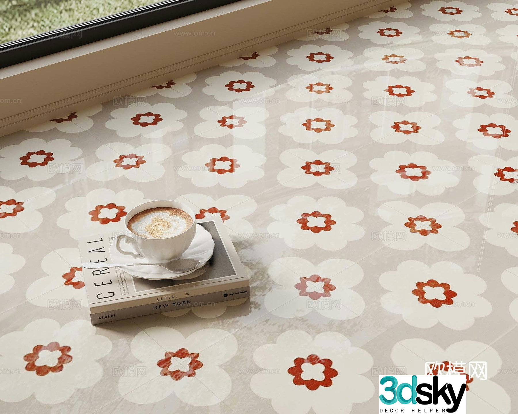 French medieval ceramic tiles seamless medieval small flower tiles 3d model