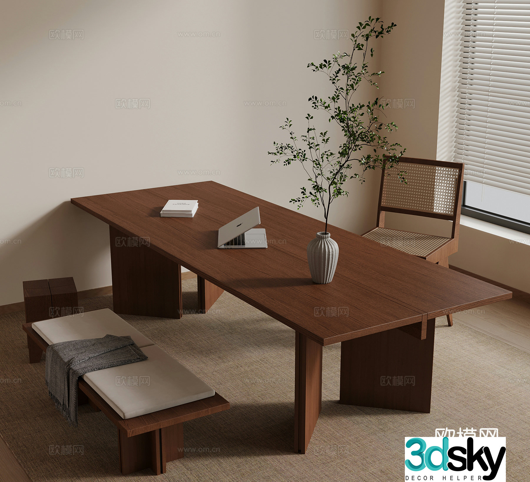 Middle-aged desk and chair stools school supplies 3D model