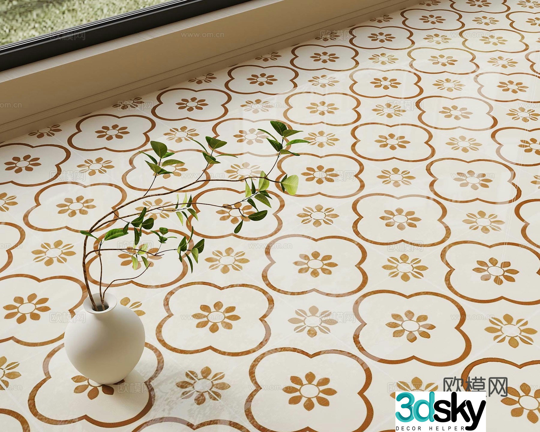 French medieval ceramic tiles seamless medieval small flower tiles 3d model