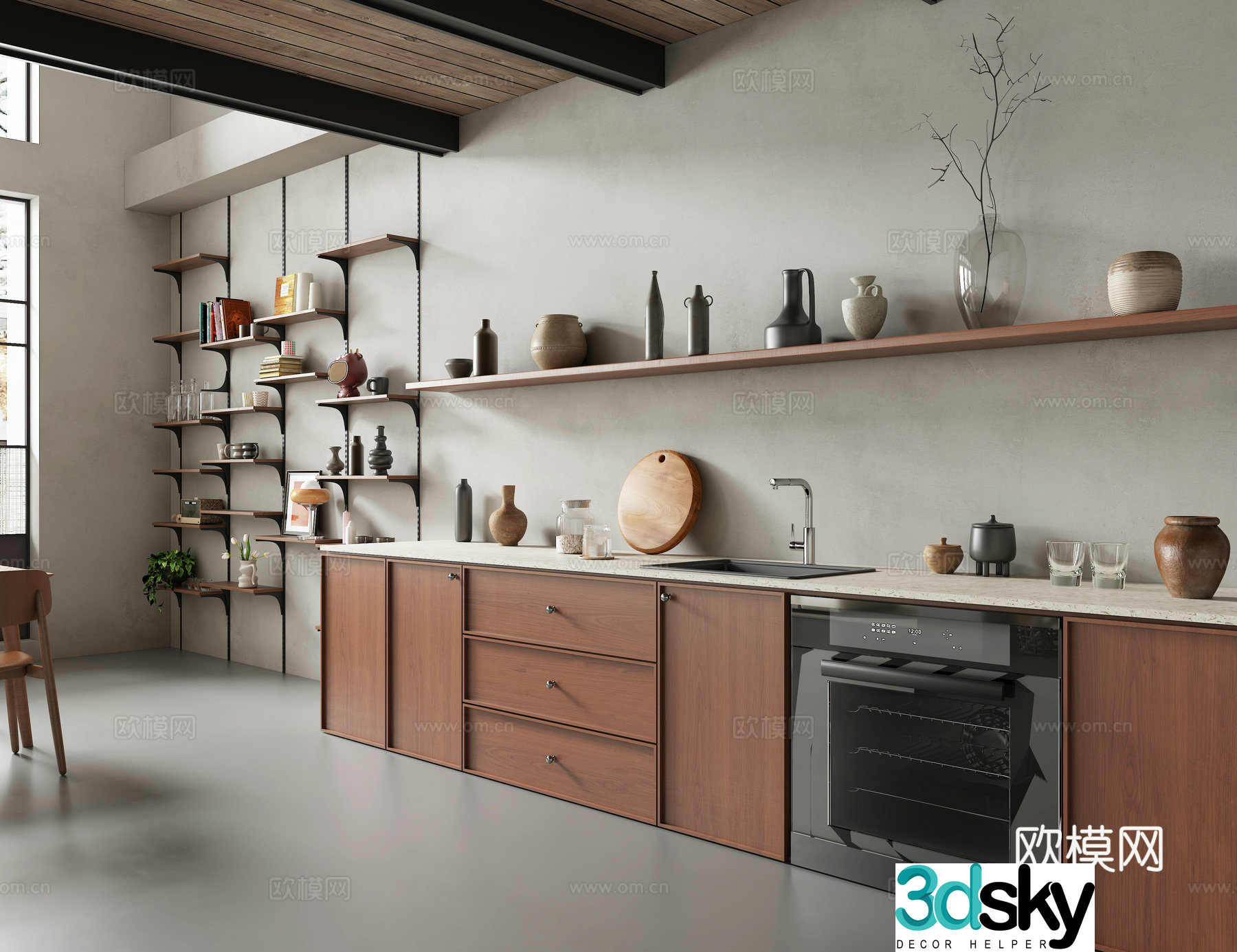 Middle-aged open kitchen Dining kitchen Semi-open kitchen Cabinet Kitchen supplies 3D model