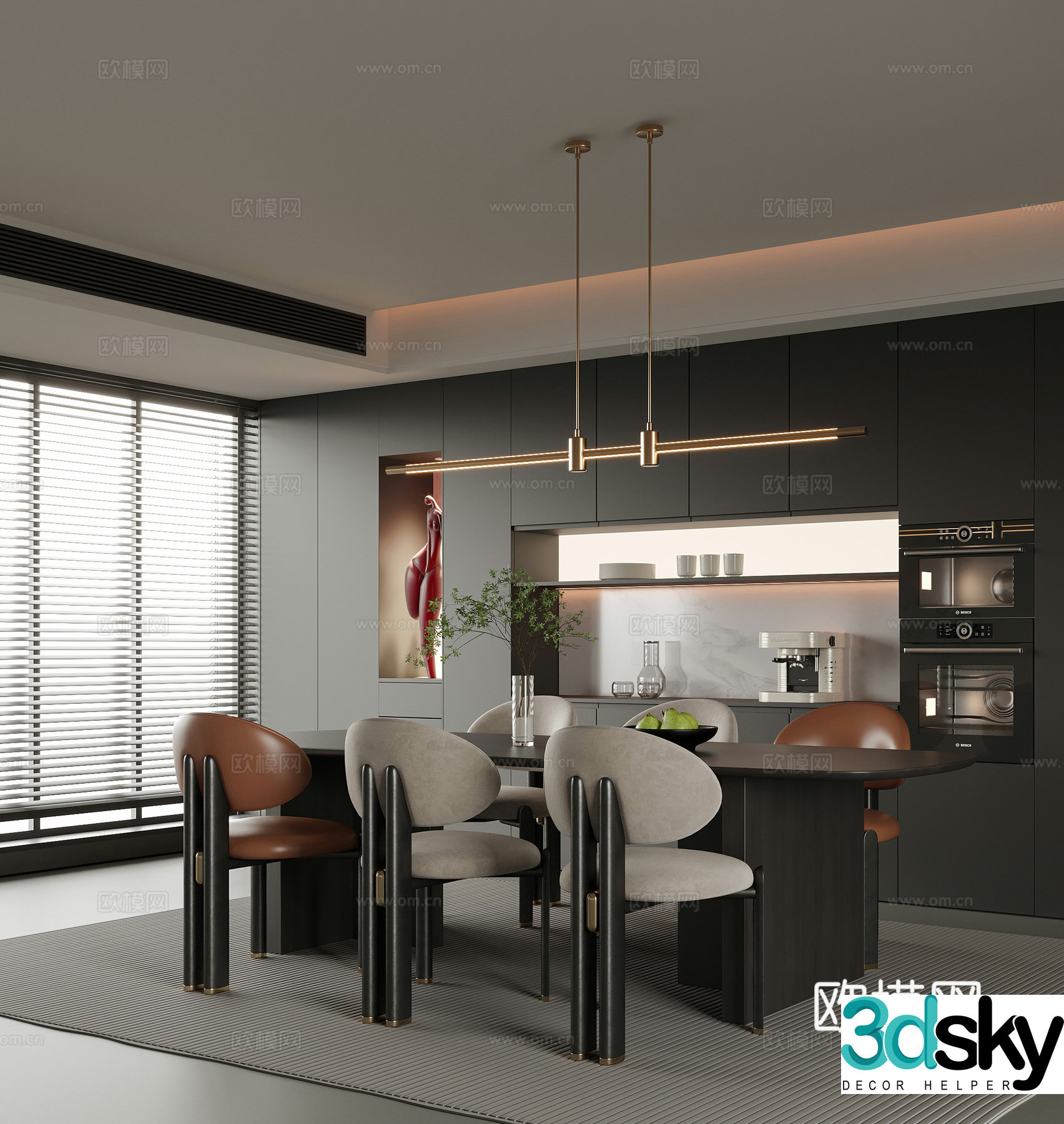 Modern restaurant dining table and chair sideboard wine cabinet 3d model