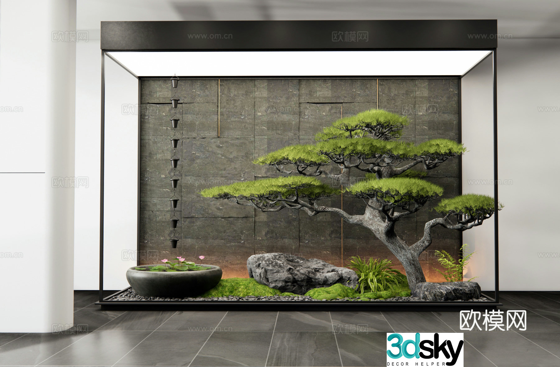Xinzhong Interior Landscape Patio Garden Sketch Stone Moss Water Bowl Rain Chain Plant Landscape 3D Model 3D Model