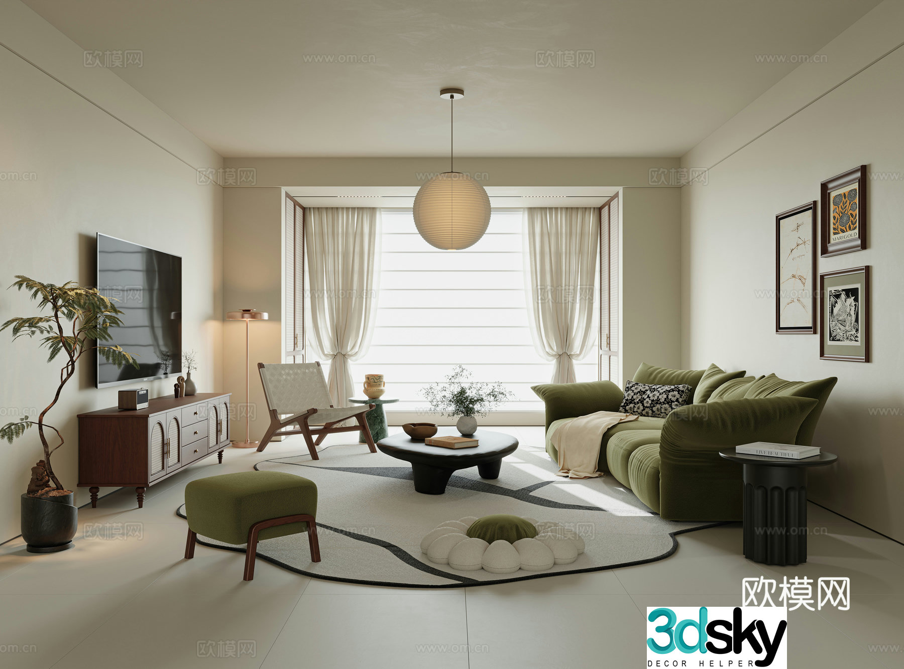 Minimalist and medieval living room small living room sofa coffee table combination petal sofa TV cabinet 3D model