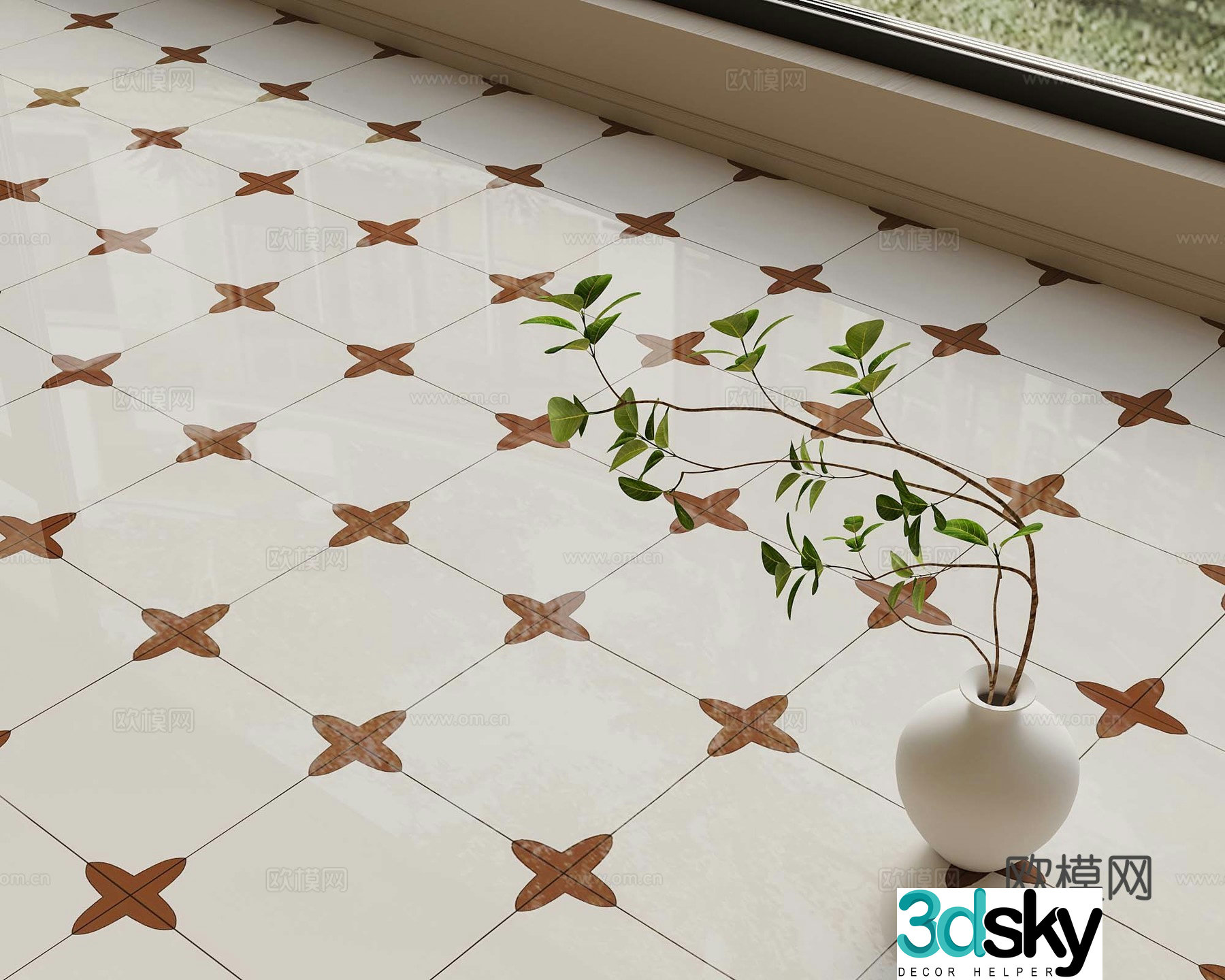 French medieval ceramic tiles seamless medieval small flower tiles 3d model