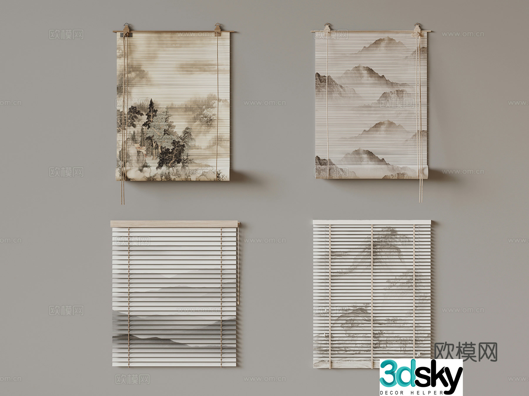 New Chinese Roller Blind Bamboo Blind 3D Model