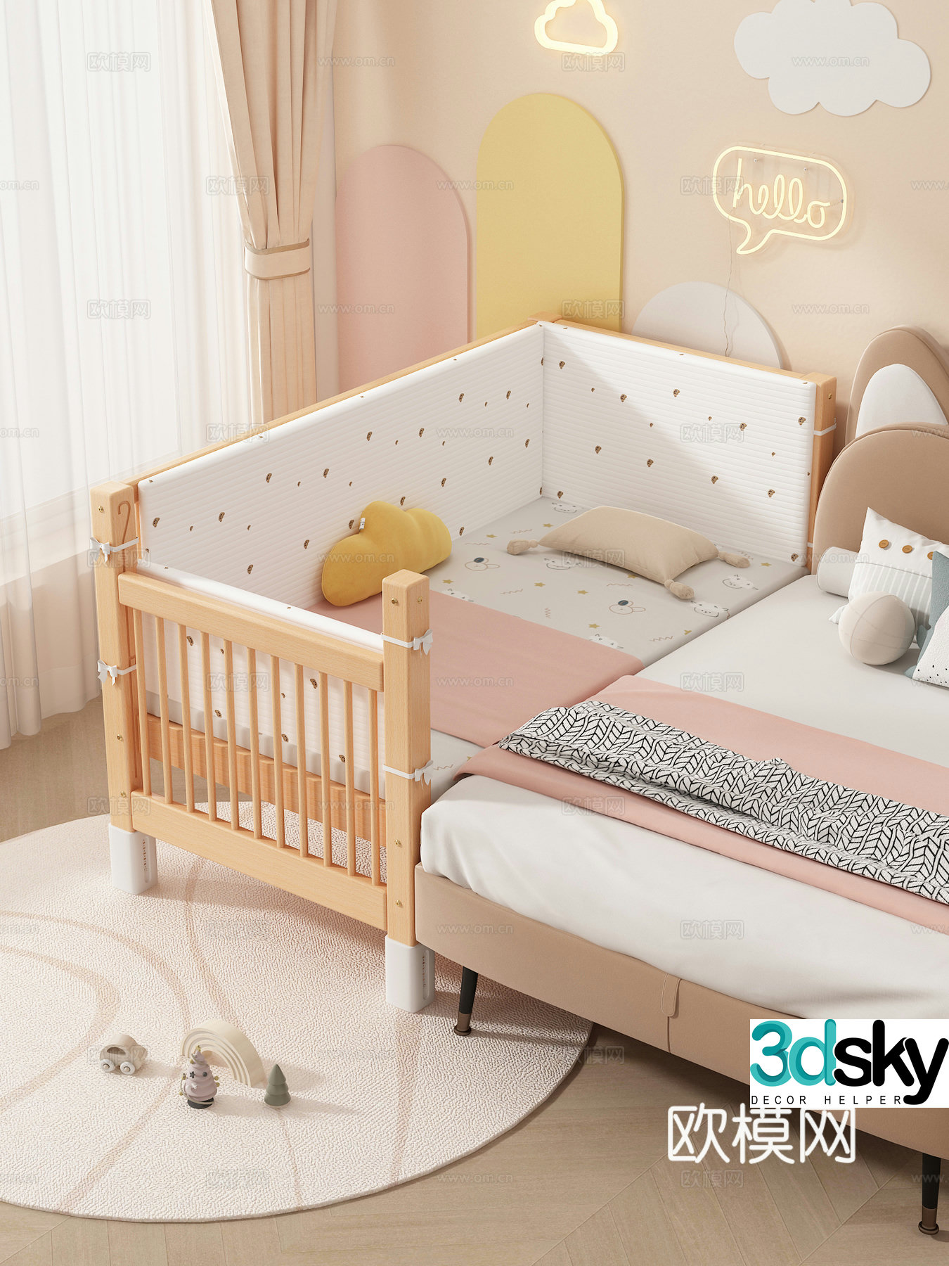 Splicing bed Children’s bed Crib Lifting guardrail bed Pillow 3D model