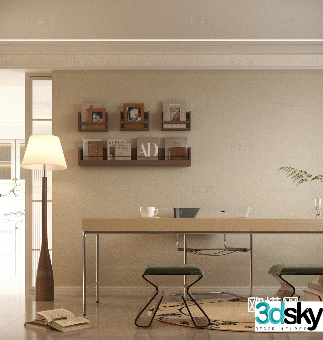 Modern simple study minimalist study desk and chair combination 3D model