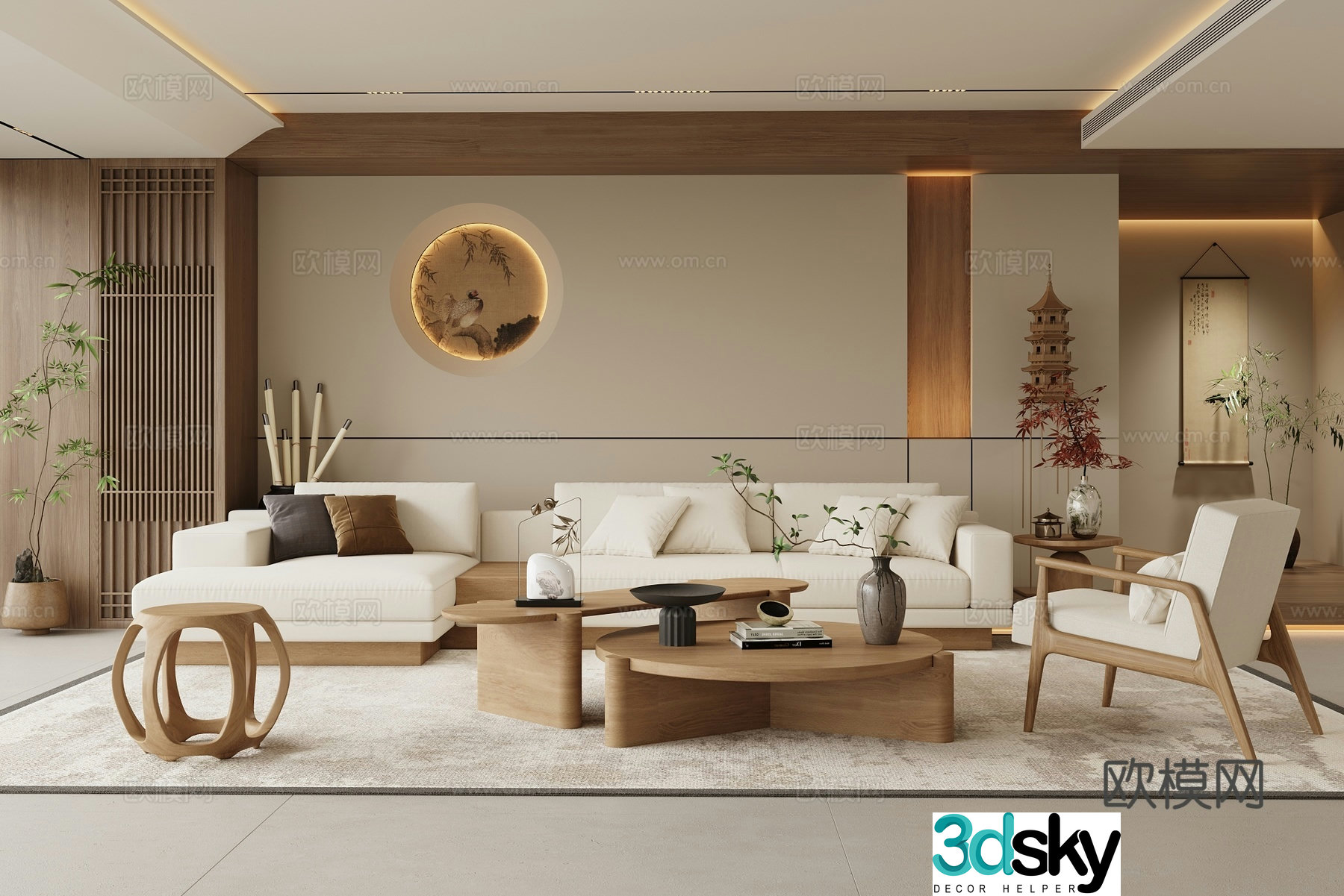 New Chinese Zen Living Room Song Living Room Sofa Coffee Table 3D Model