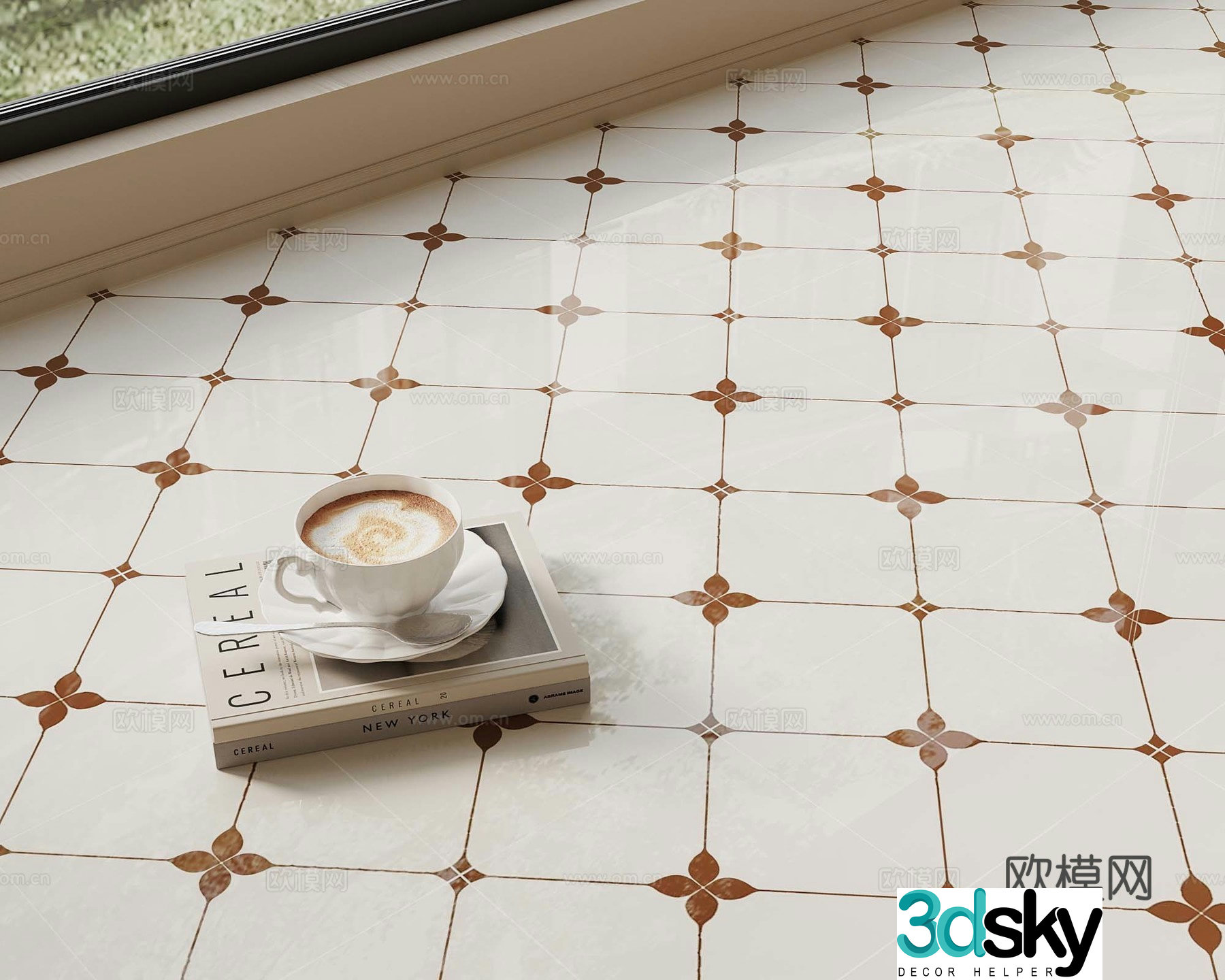 French medieval ceramic tiles seamless medieval small flower tiles 3d model