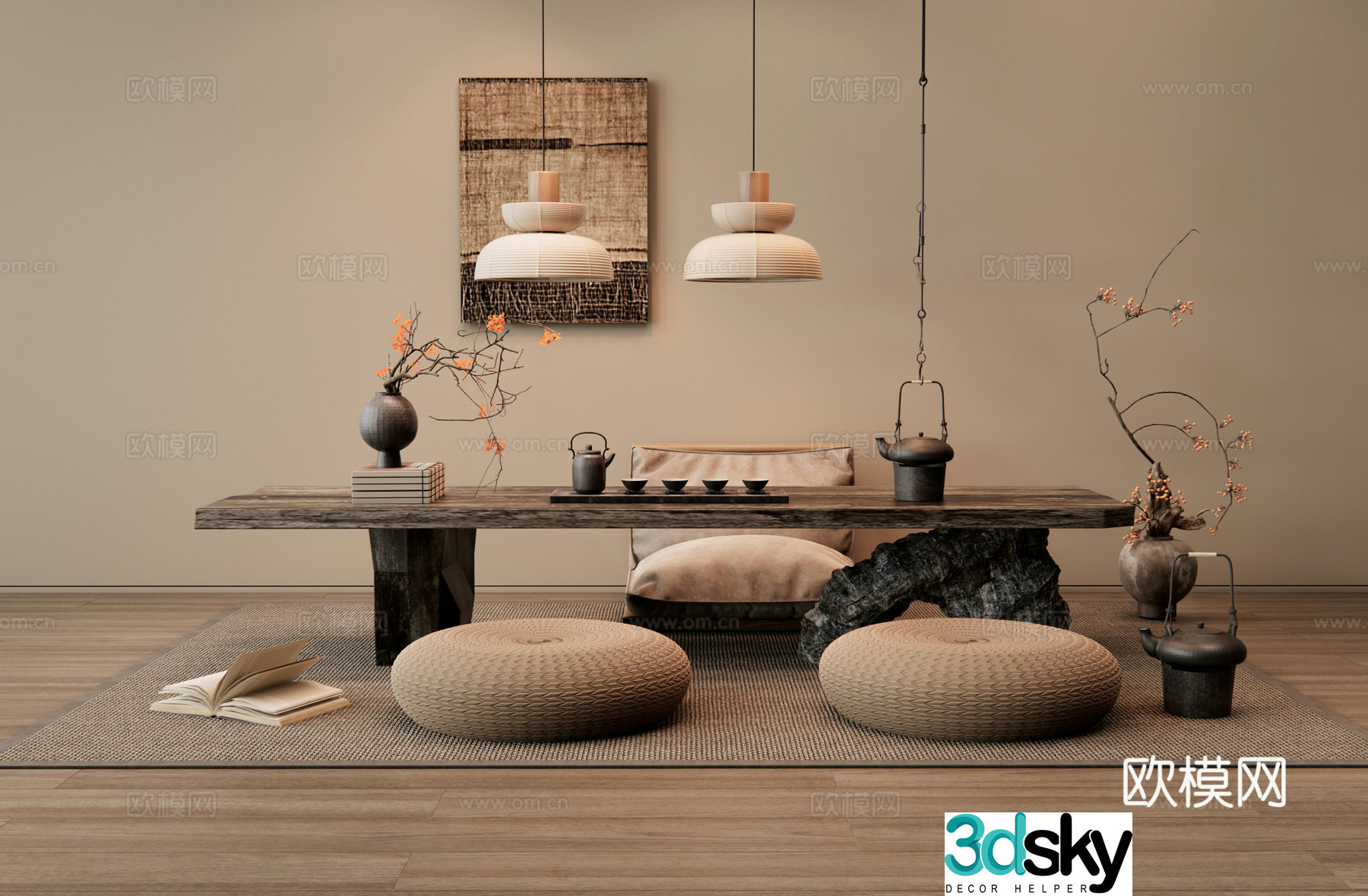 Wasabi tea table and chairs Tatami tea table Solid wood large board tea table cushion Wall decoration painting Vase 3D model