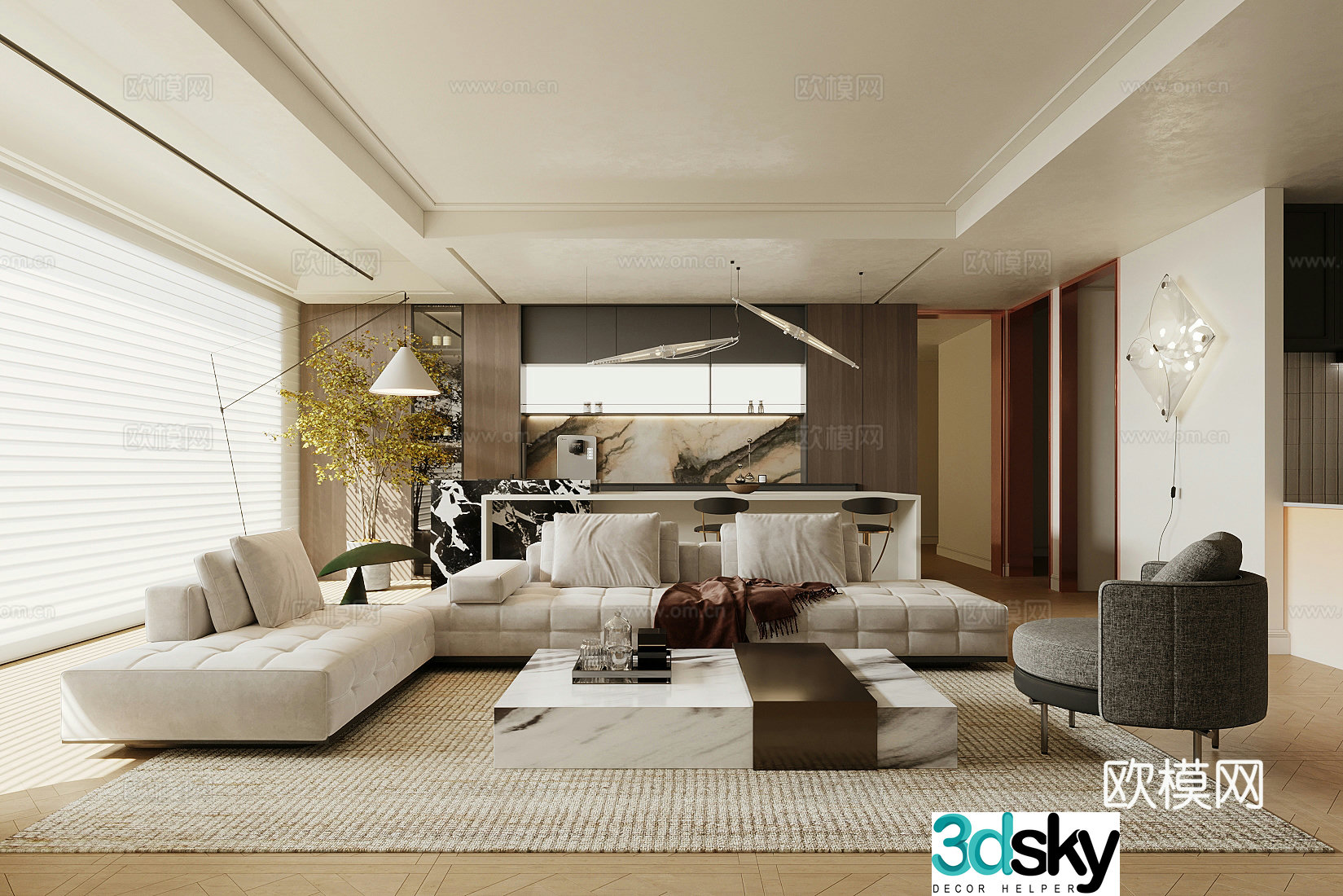 Modern home living room large living room horizontal living room sofa coffee table combination 3D model