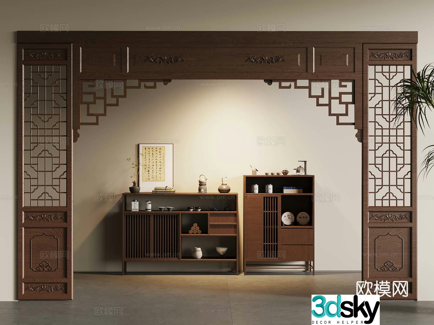 New Chinese door cover door pass partition tea cabinet 3D model