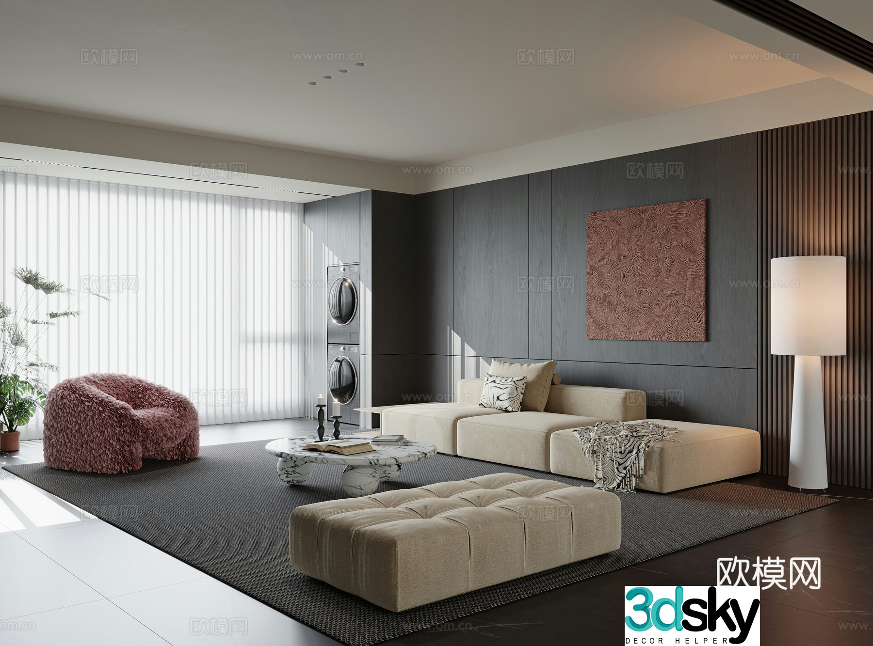 Large flat living room living room without lights sofa coffee table combination multi-person sofa leisure chair 3D model