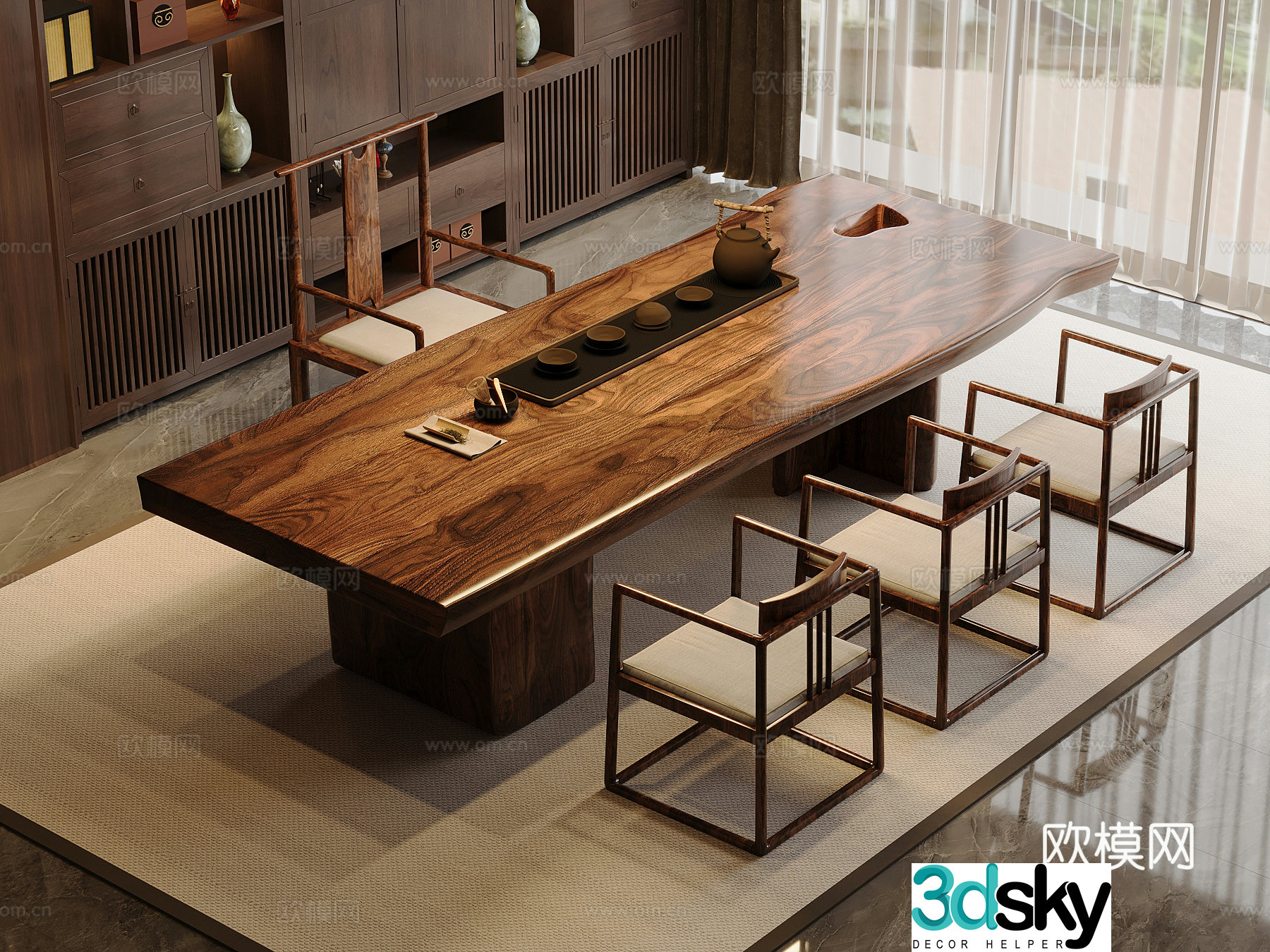 New Chinese-style tea table and chairs tea set 3D model