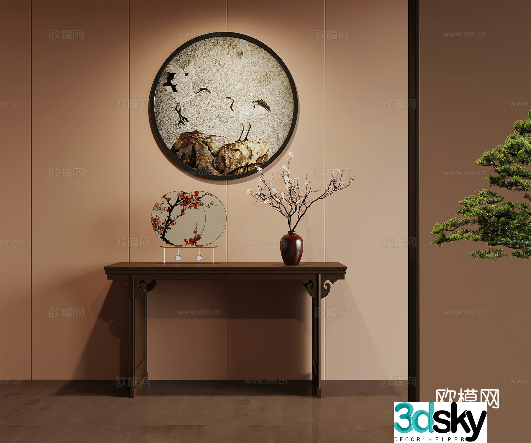 New Chinese style end viewing platform wall decoration green plant ornament 3D model