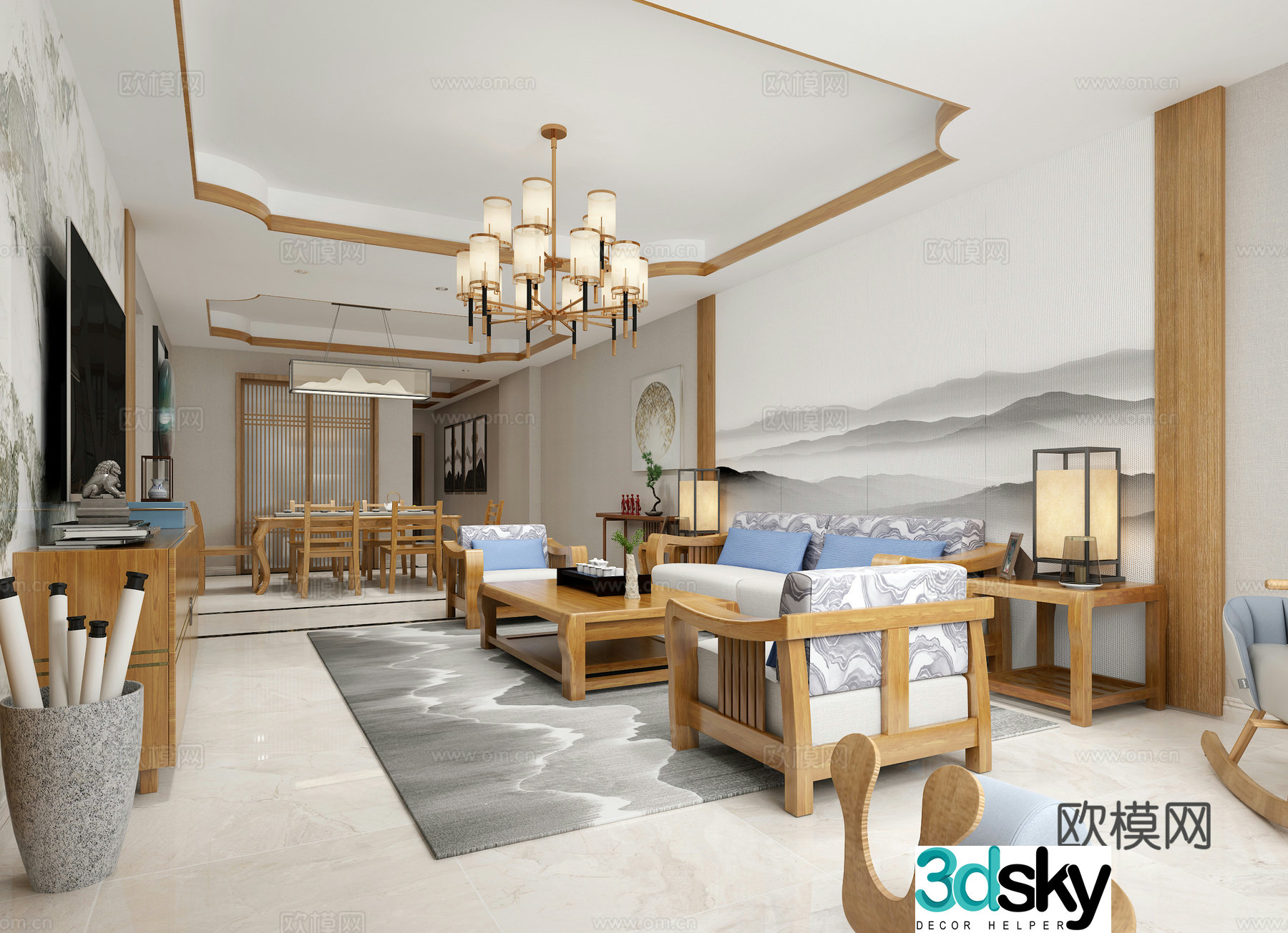 New Chinese style living and dining room chandeliers single and double sofas coffee tables desk lamps background wall decorative 3D model