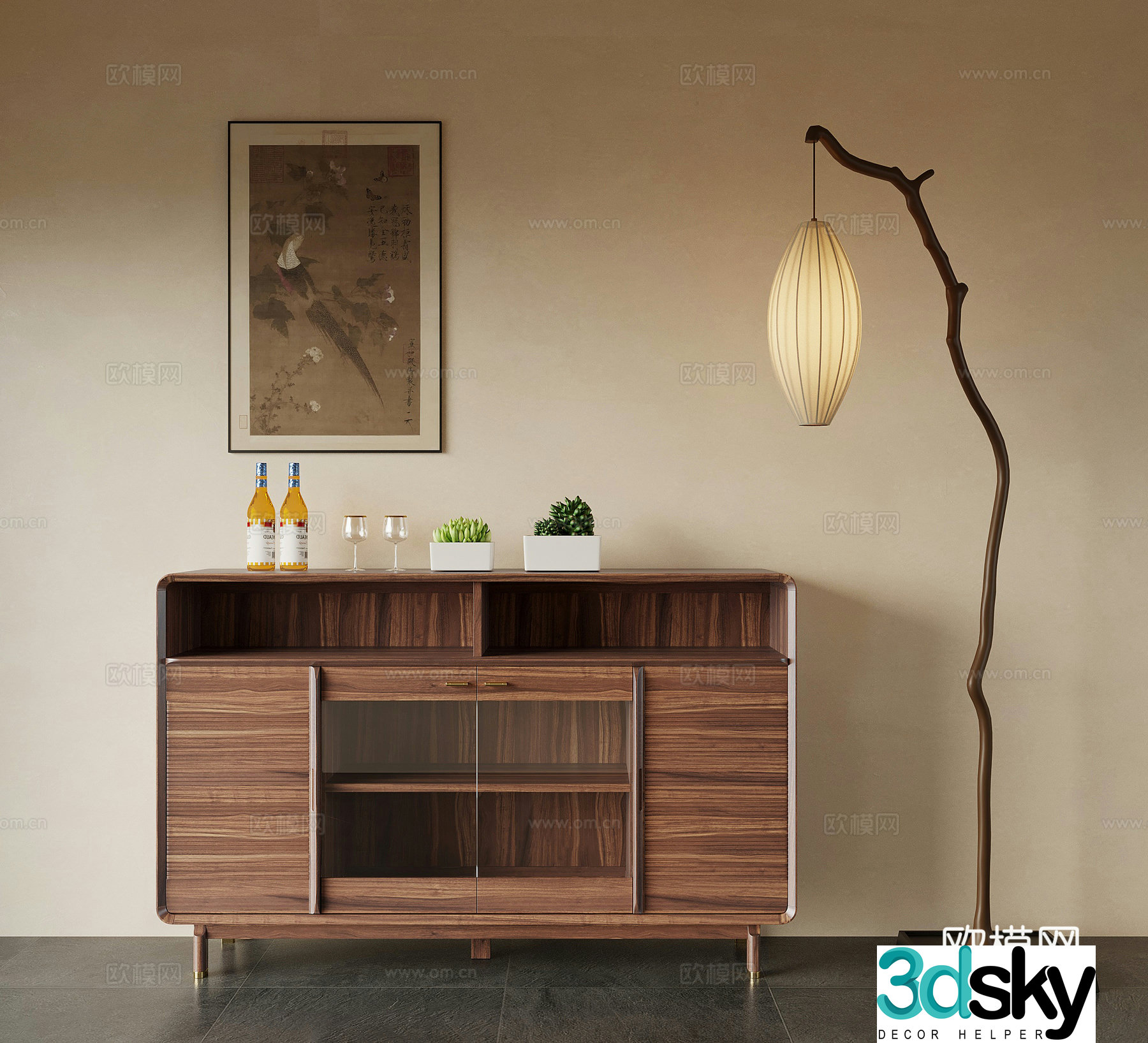 Sideboard New Chinese Style Sideboard Low Cabinet Floor Cabinet 3D Model