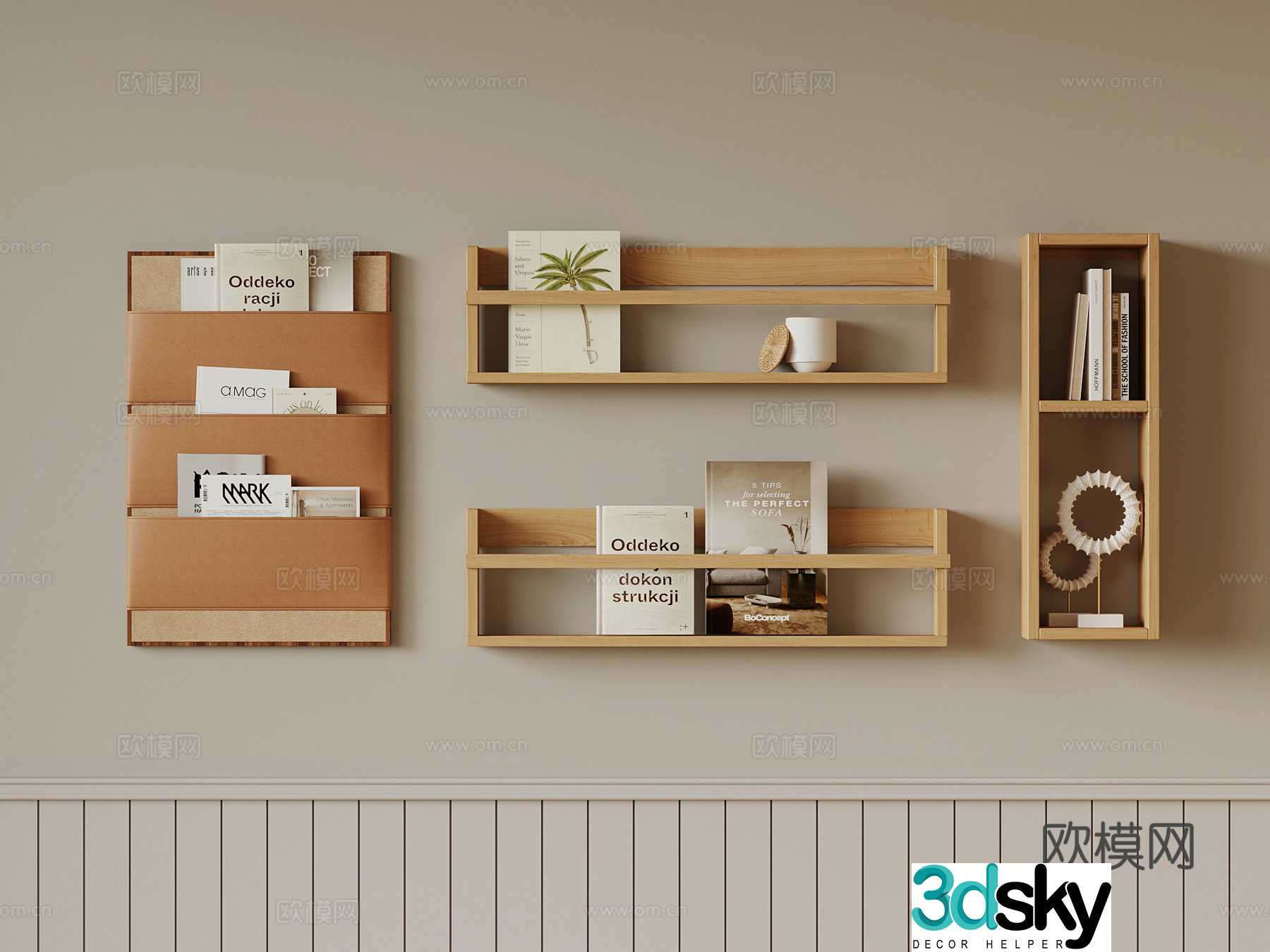 Modern bookshelf solid wood shelf 3D model