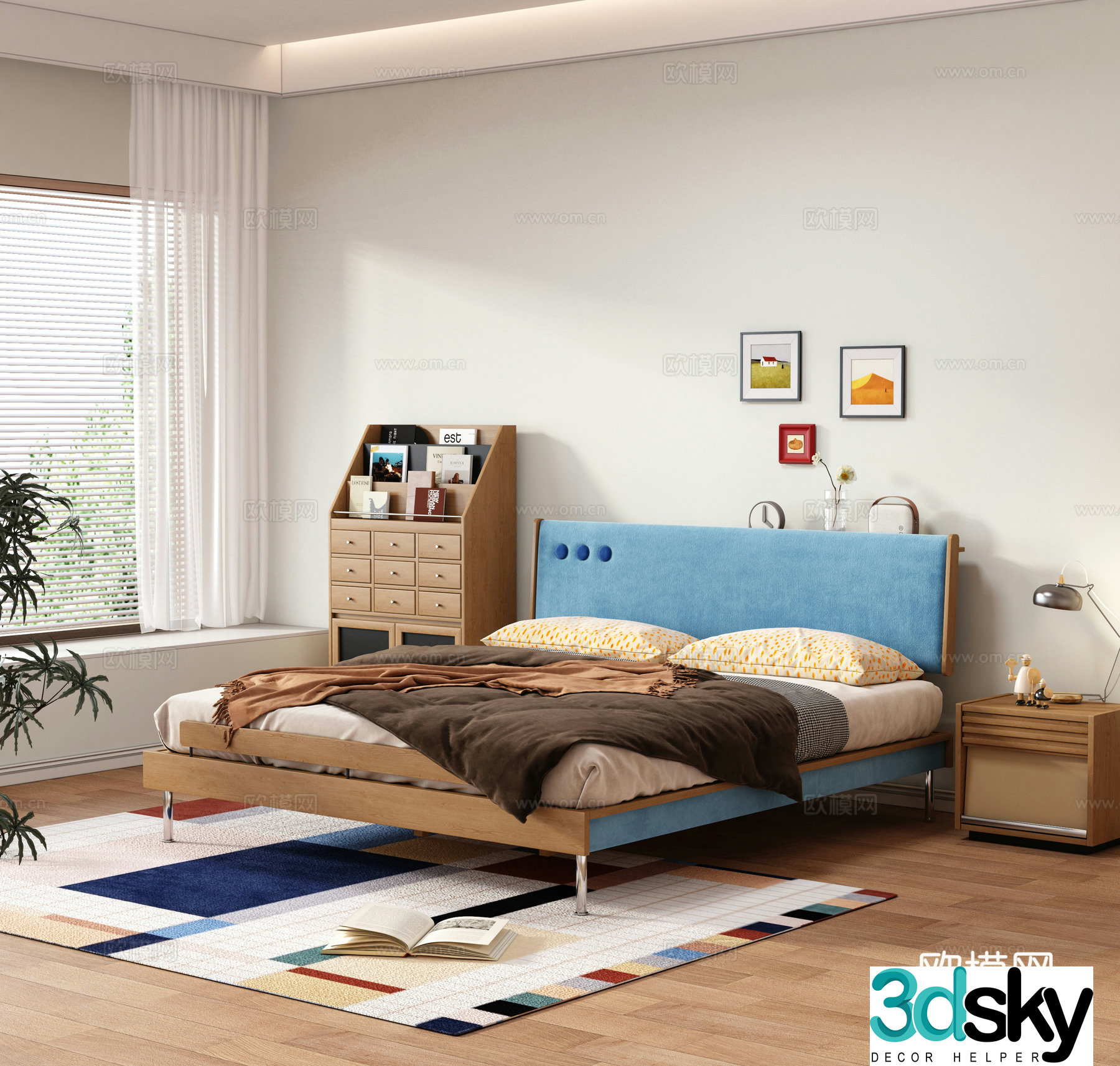 Modern Bahaus Double Bed Solid Wood Double Bed Medium Style Double Bed Solid Wood Bedside Table 3D Model