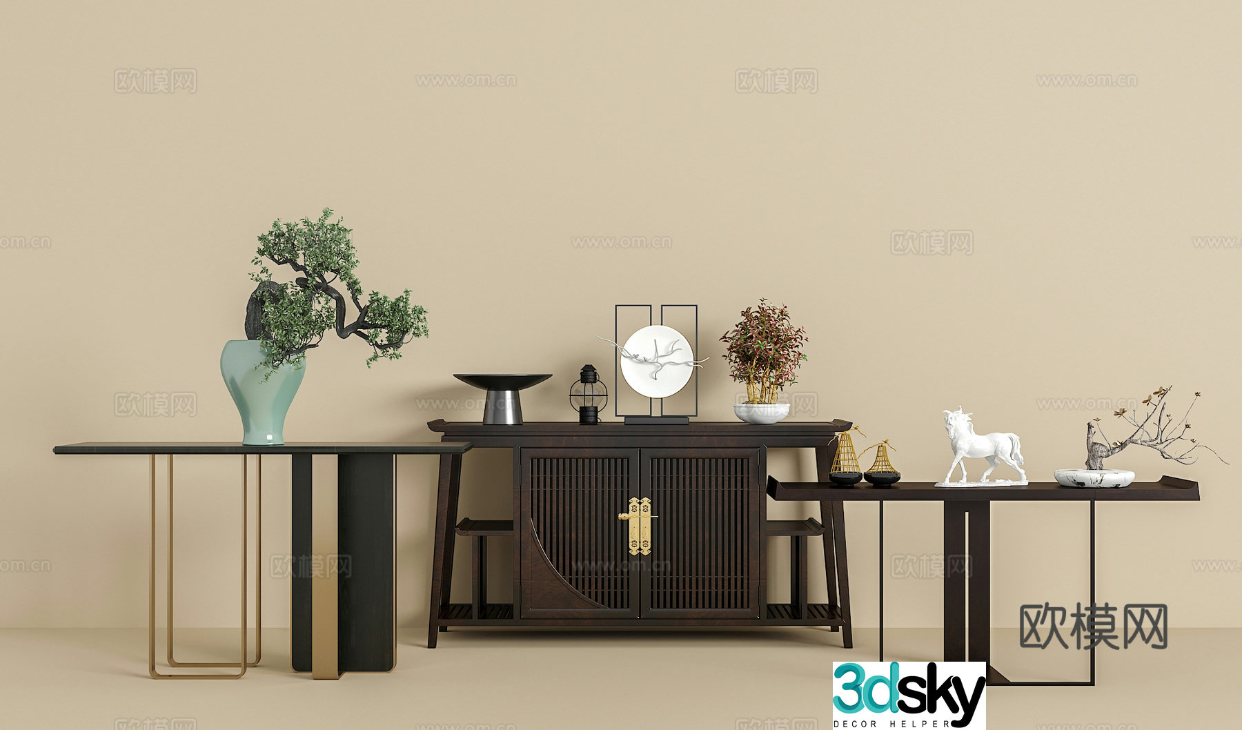 New Chinese style end-view side cabinet porch cabinet hanging painting green plants accessories ornaments 3D model