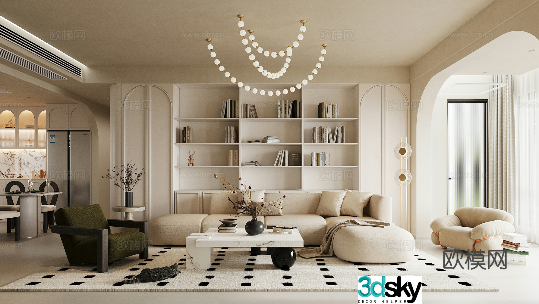 French home living room creamy living room sofa coffee table combination solid wood bookcase 3D model