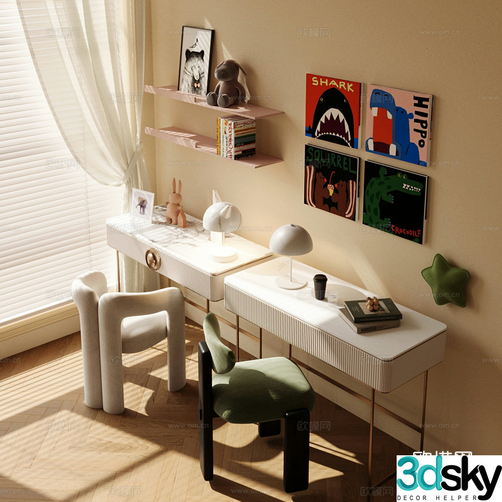 Modern children’s desk and chairs desk and chair combination 3D model