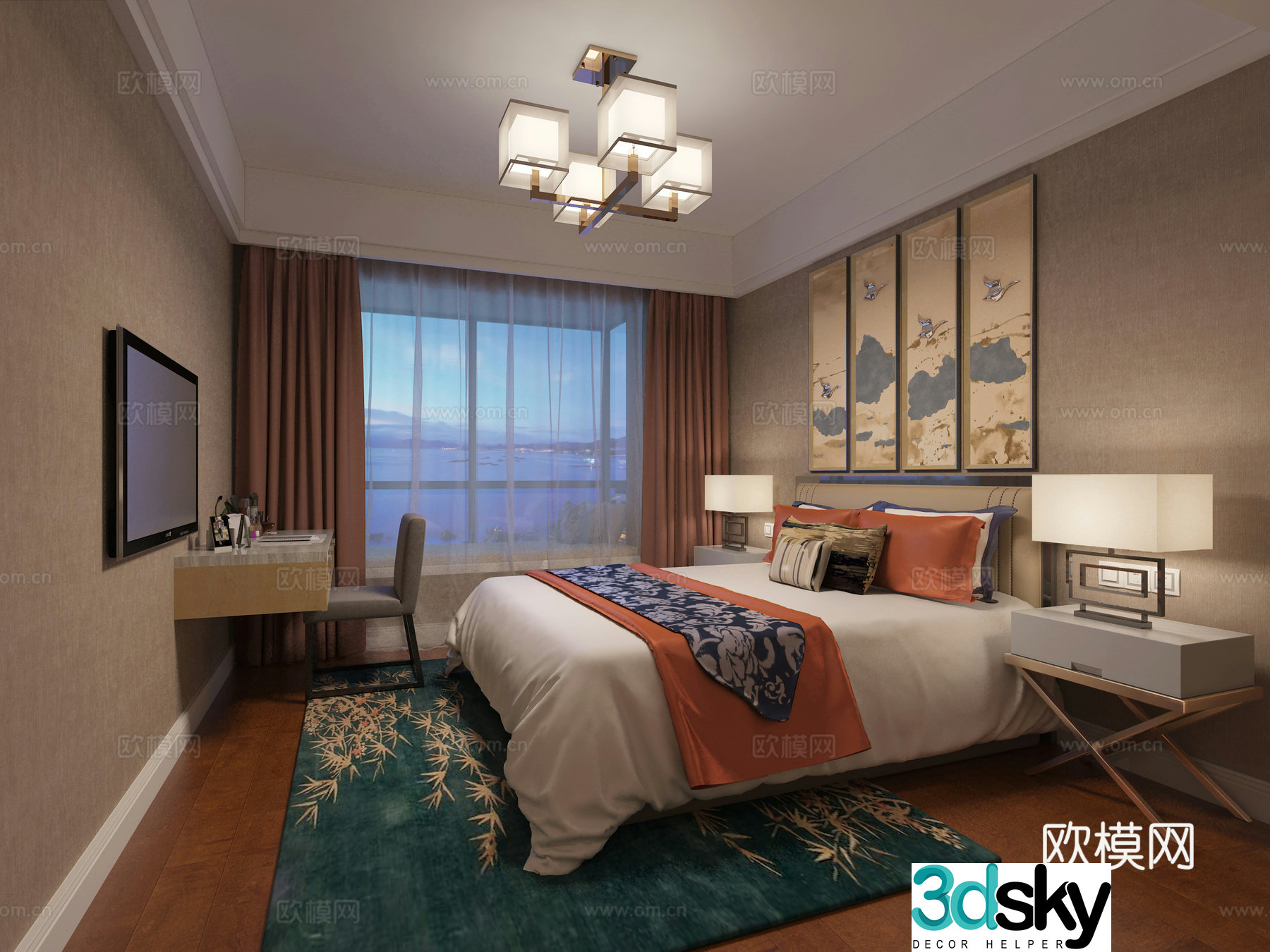 New Chinese style Oriental Yunyi bedroom Chandelier TV cabinet Bedside lamp Hanging painting 3D model