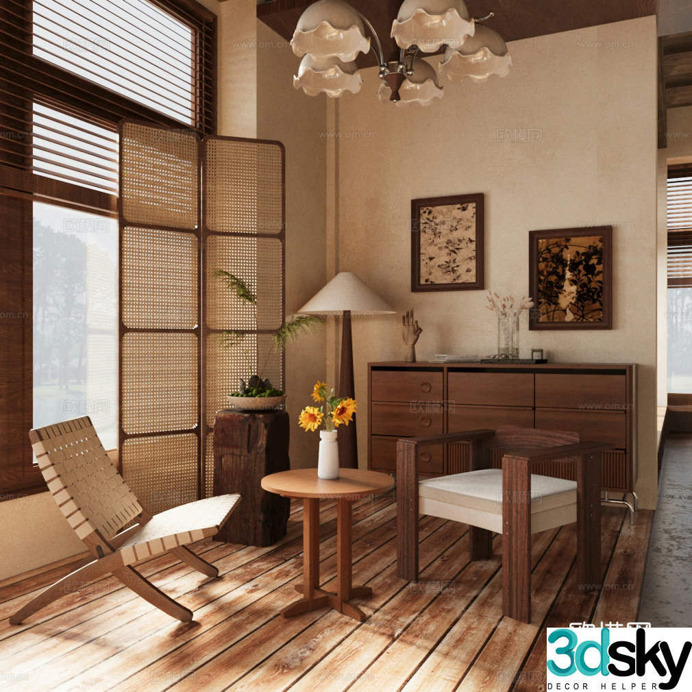 Wasabi leisure chair combination solid wood chest cabinet floor lamp Wasabi screen 3d model