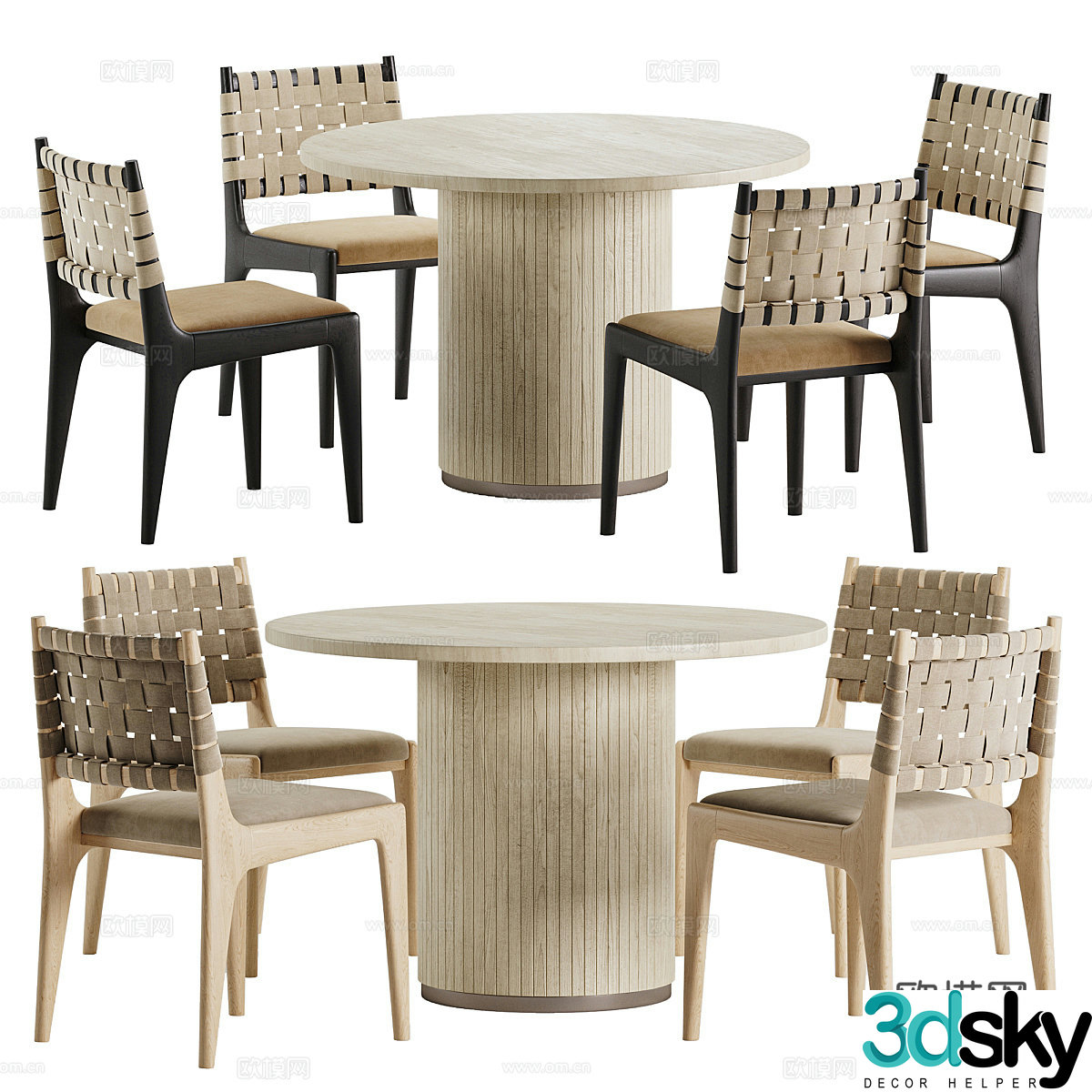 New Chinese style Wavia round dining table and chair 3D model