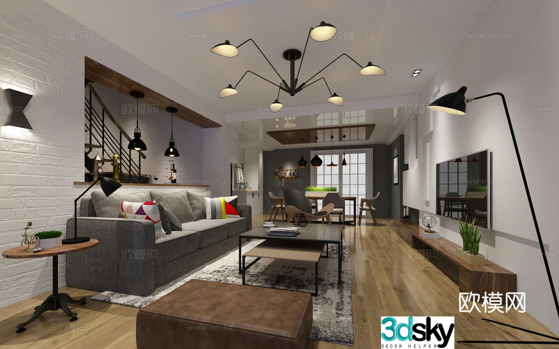 Industrial living room chandeliers desk lamp multi-person sofa single sofa coffee table decorative cabinet 3D model