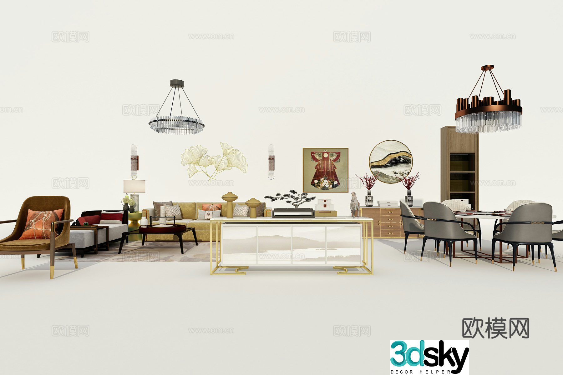 New Chinese style living and dining room chandeliers TV cabinet sofa single chair side wall lamp dining 3d model
