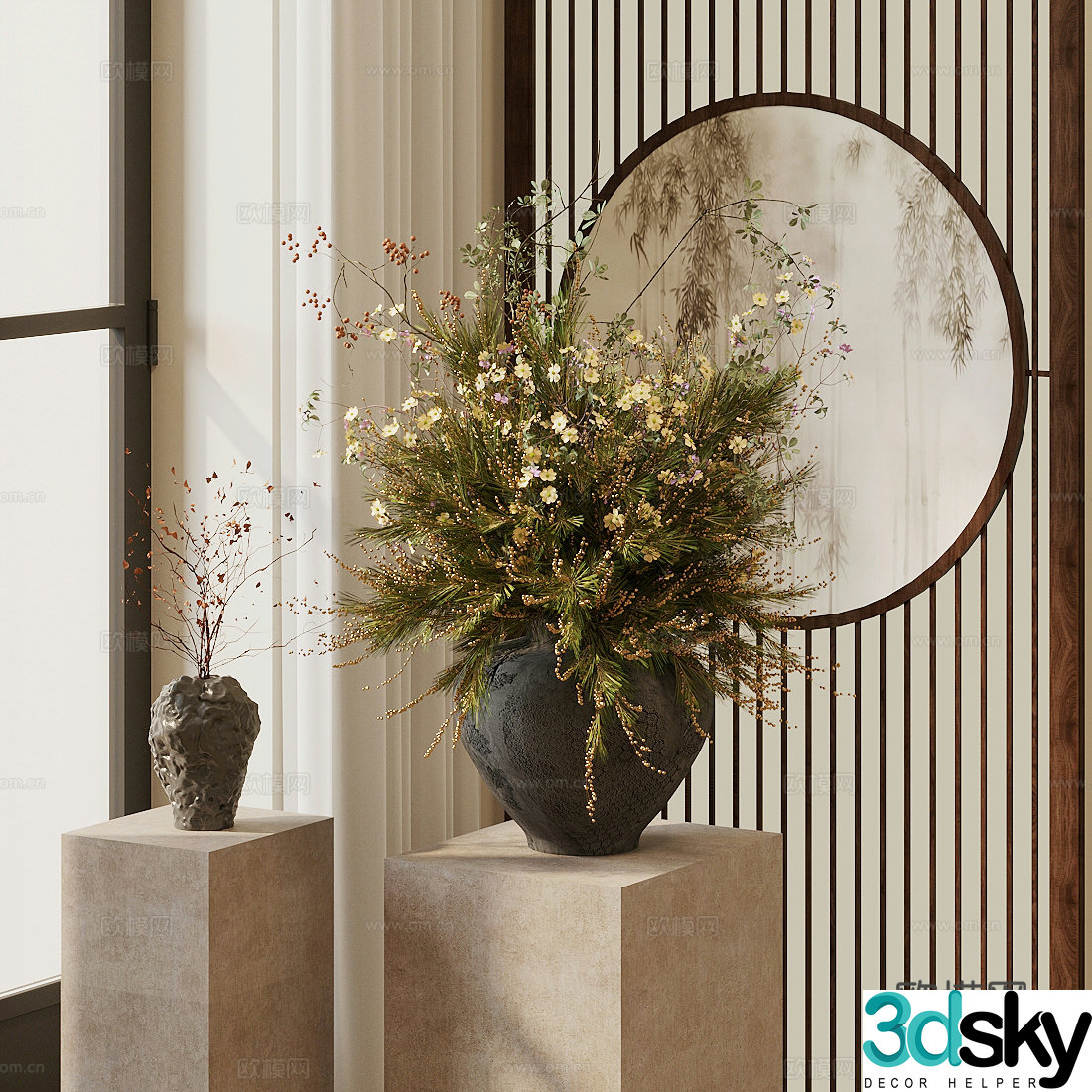 New Chinese style Zen flower art flower art flowers ceramic vase living room vase ornaments fake flowers immortal flowers 3D model