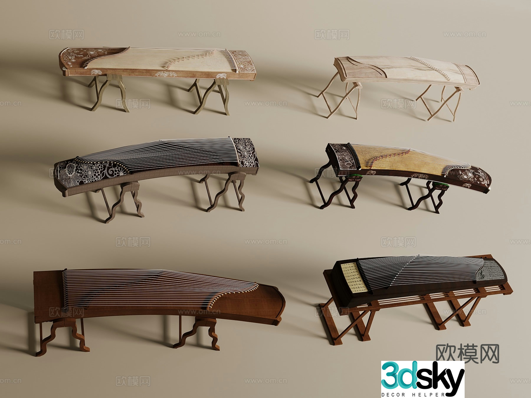musical instrument guzheng musical instrument combination 3d model