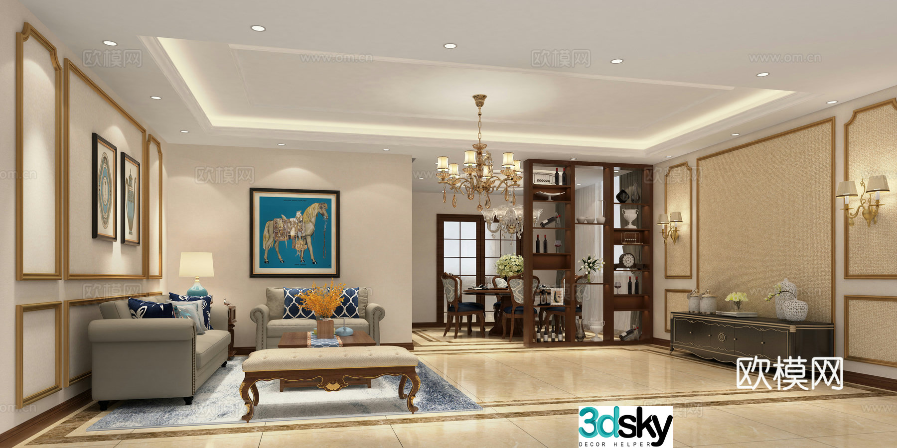 European-style simple living restaurant sofa and coffee table combination TV cabinet decorative painting dining table and chair chandeliers 3D model