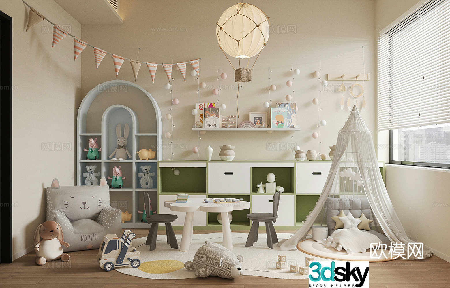 Modern children’s entertainment room Toy room Children’s bookcase Children’s activity table and chairs Toy doll combination 3D model