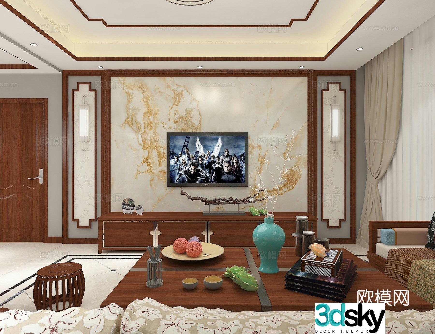 Chinese living and dining table and chairs 3D model