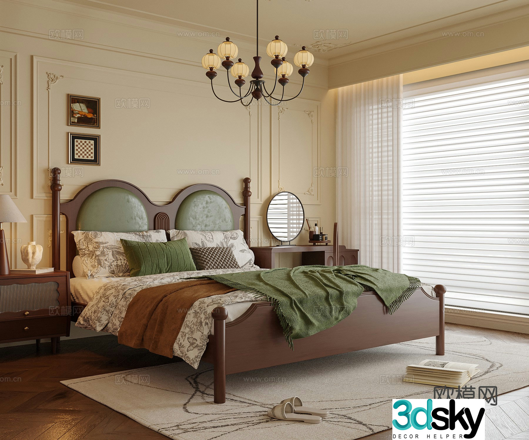 French bedroom double bed bedroom chandeliers bedside table 3d model