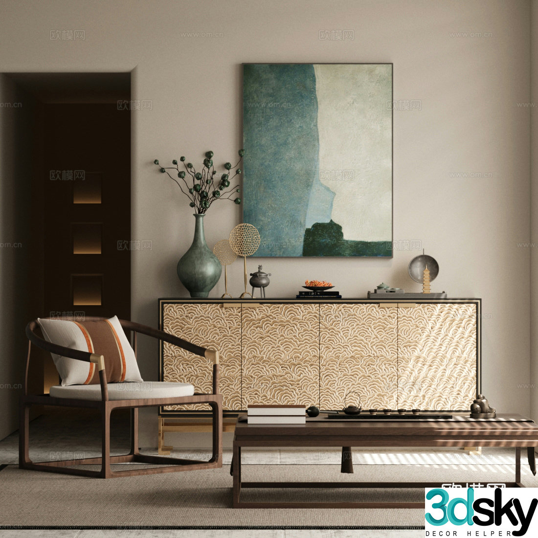 New Chinese style chest of drawers single casual chair solid wood tea set ornament combination 3D model