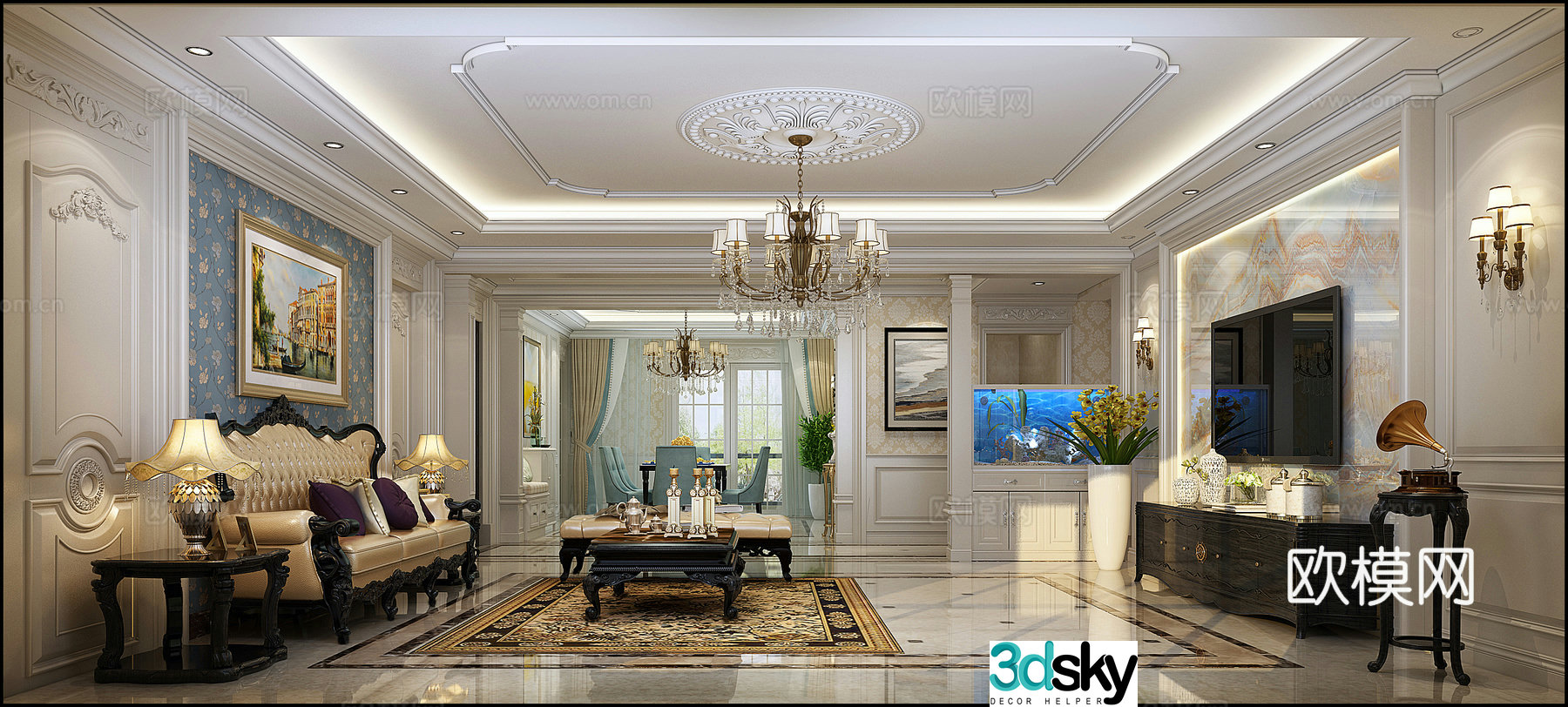 European style living room chandeliers desk lamp multi-person sofa single sofa coffee table decorative cabinet 3D model