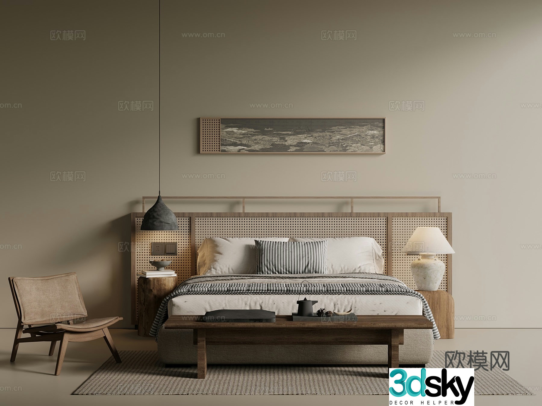 Middle Ages Wabi Sagi Double Bed Fabric Bed Leather Bed Solid Wood Bed Master Bed Vine 3D Model