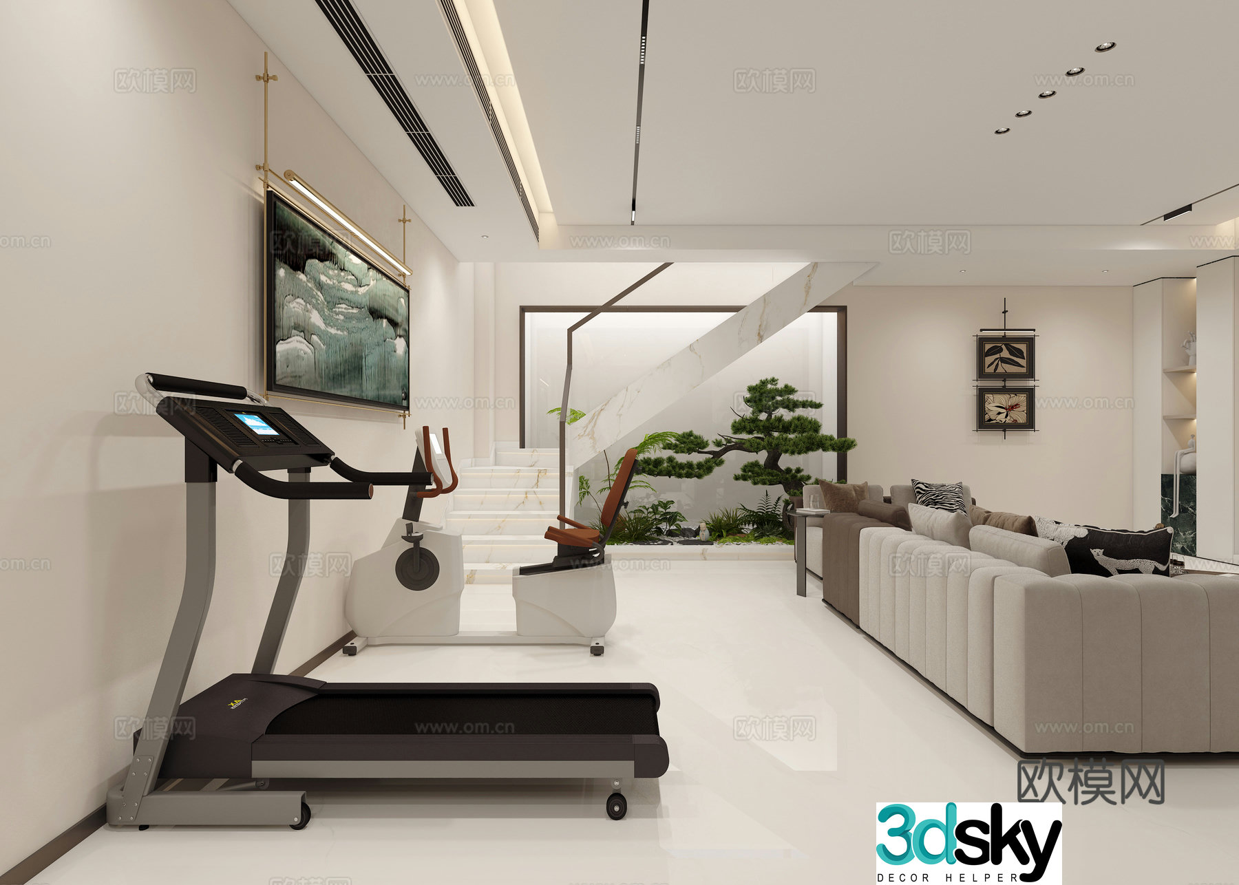 Basement gym fitness equipment treadmill 3d model